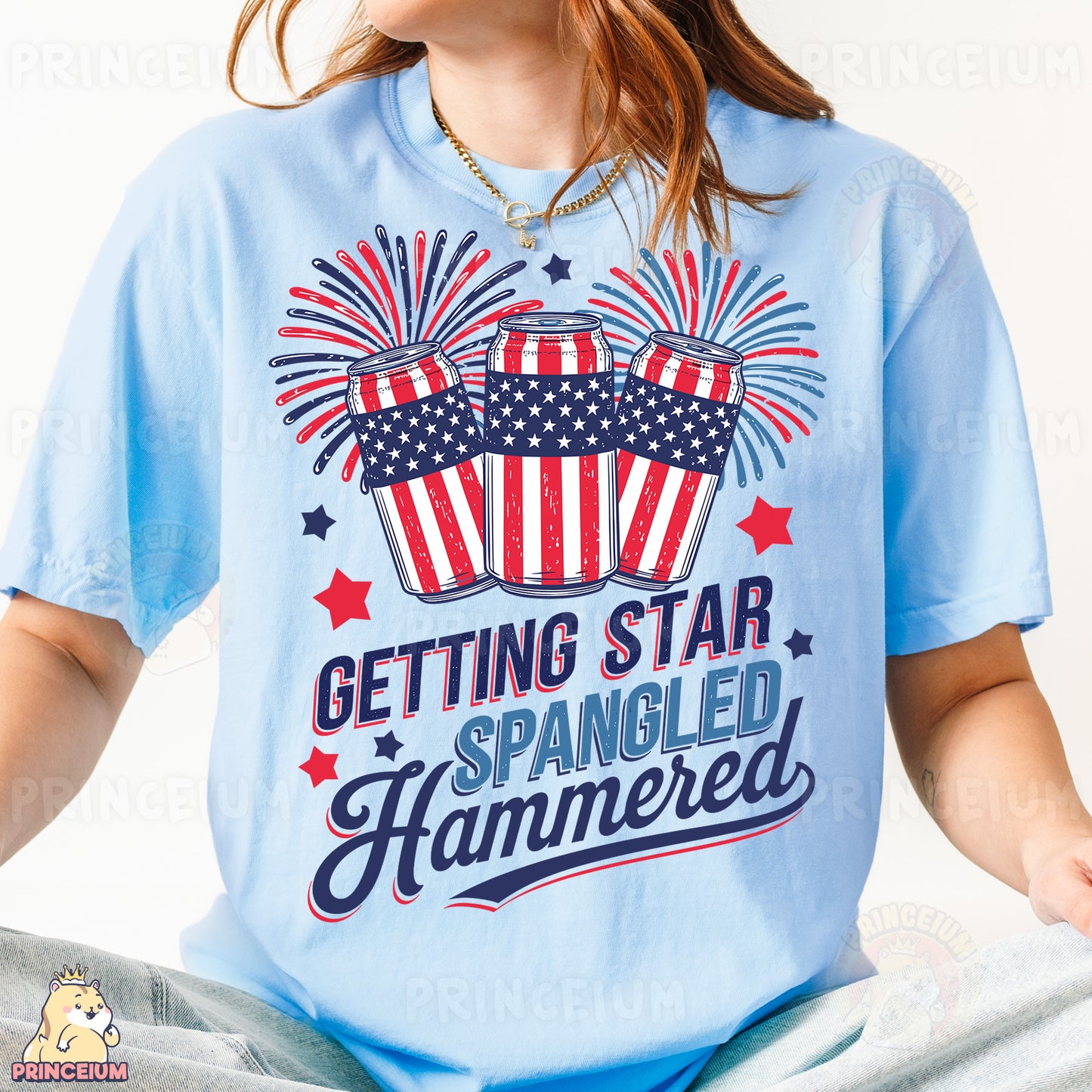 a woman wearing a t - shirt that says getting star spangled hammered