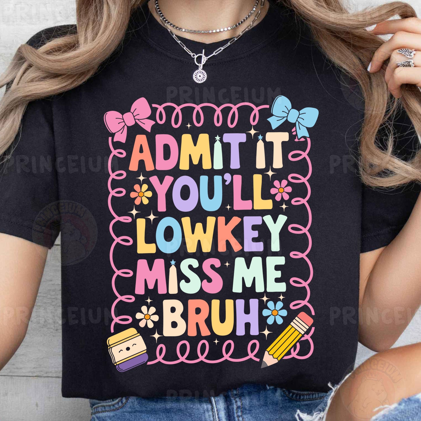 a woman wearing a t - shirt that says admit it you'll lowk
