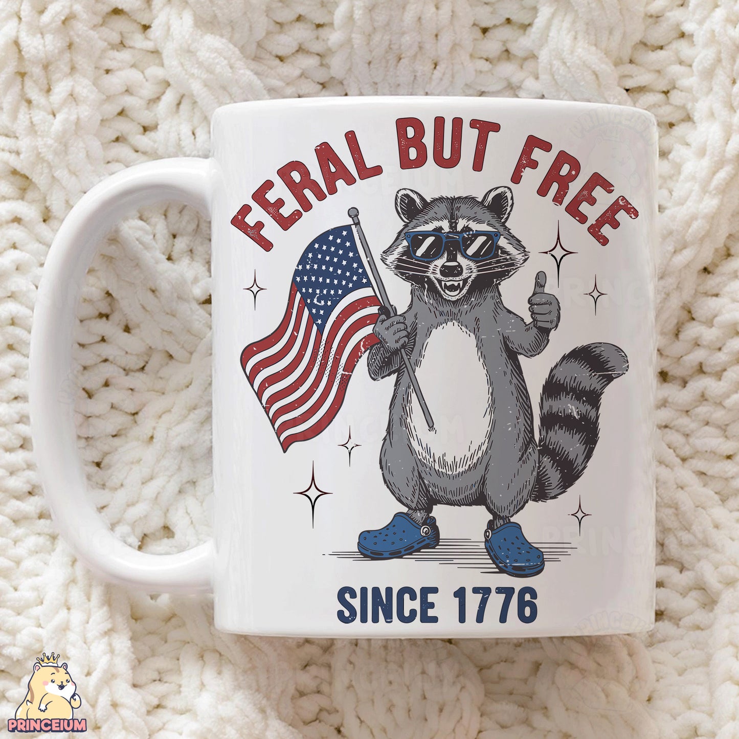 a coffee mug with a raccoon holding a flag