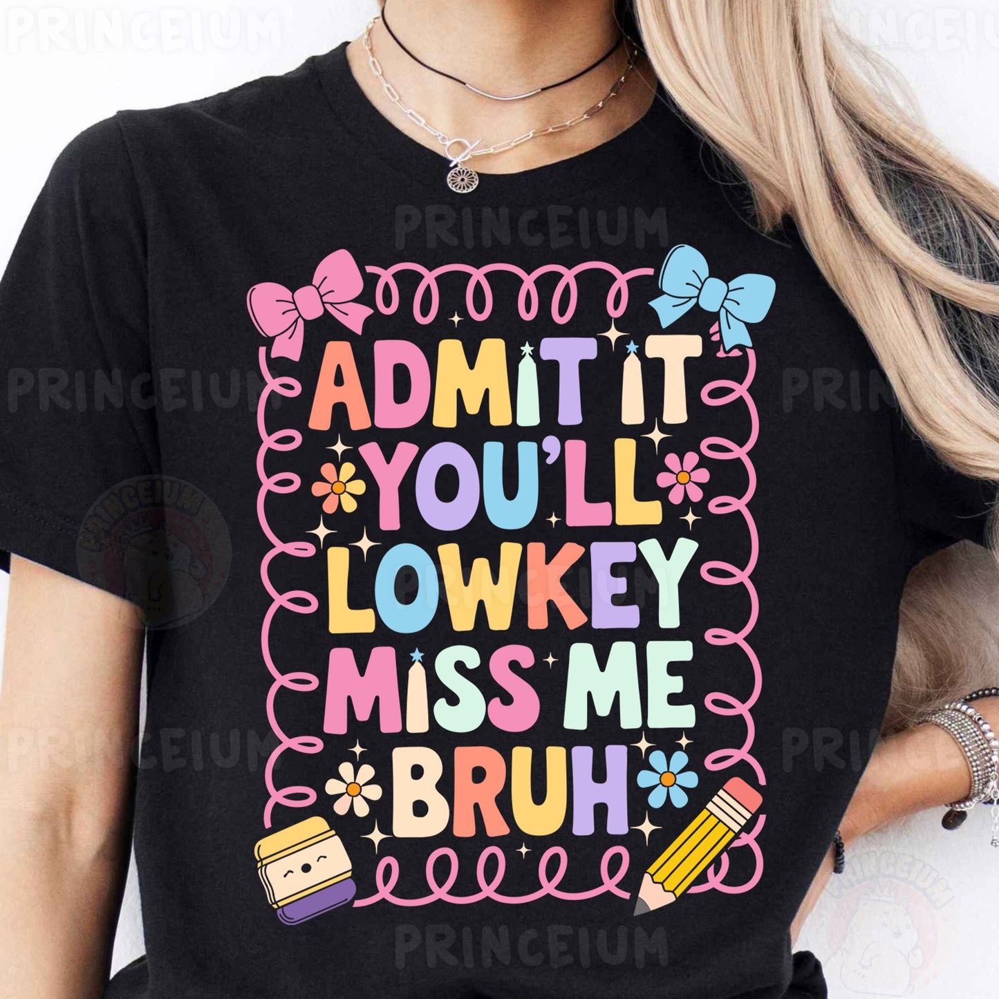 a woman wearing a black t - shirt that says admit it you'll '