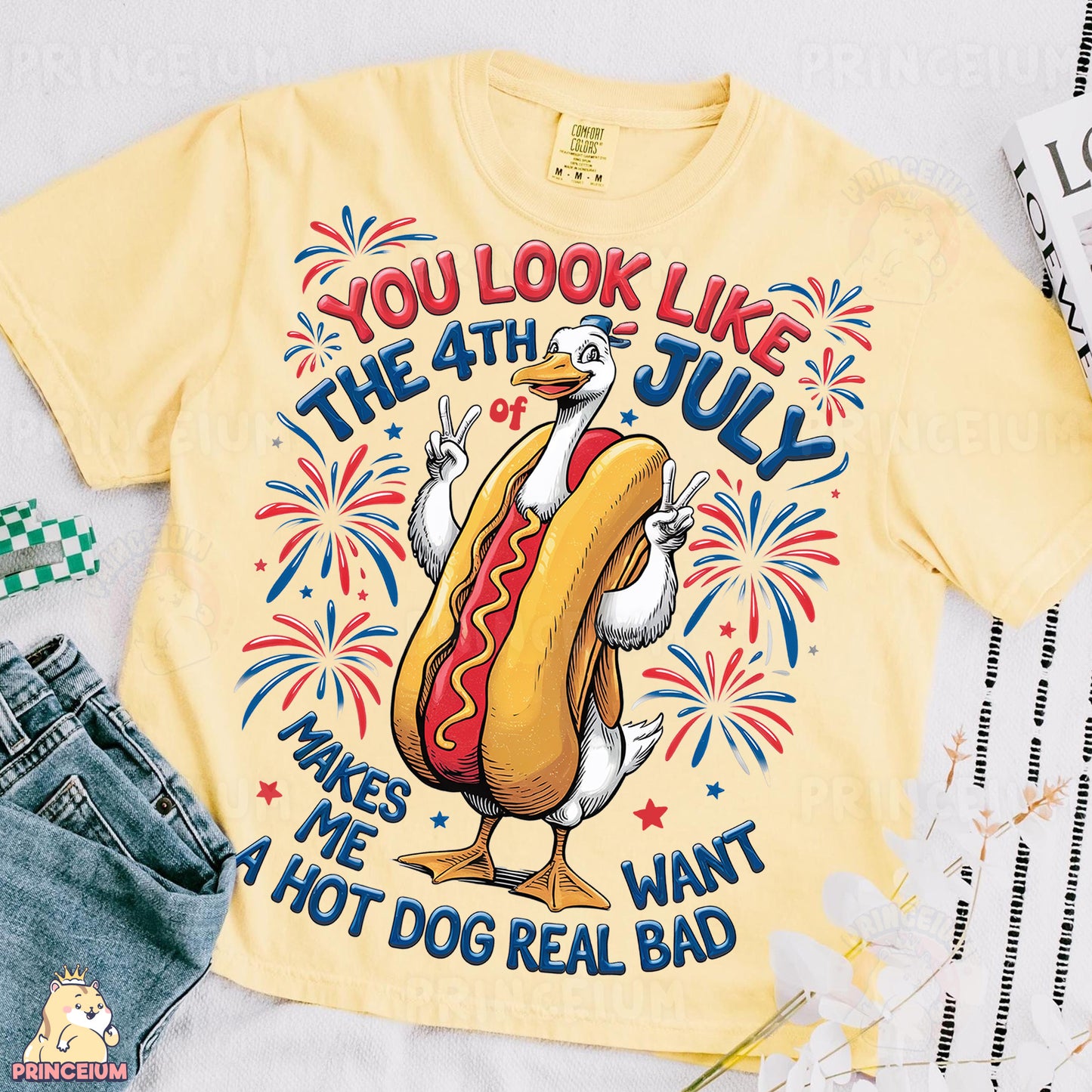 a yellow shirt with a hot dog on it