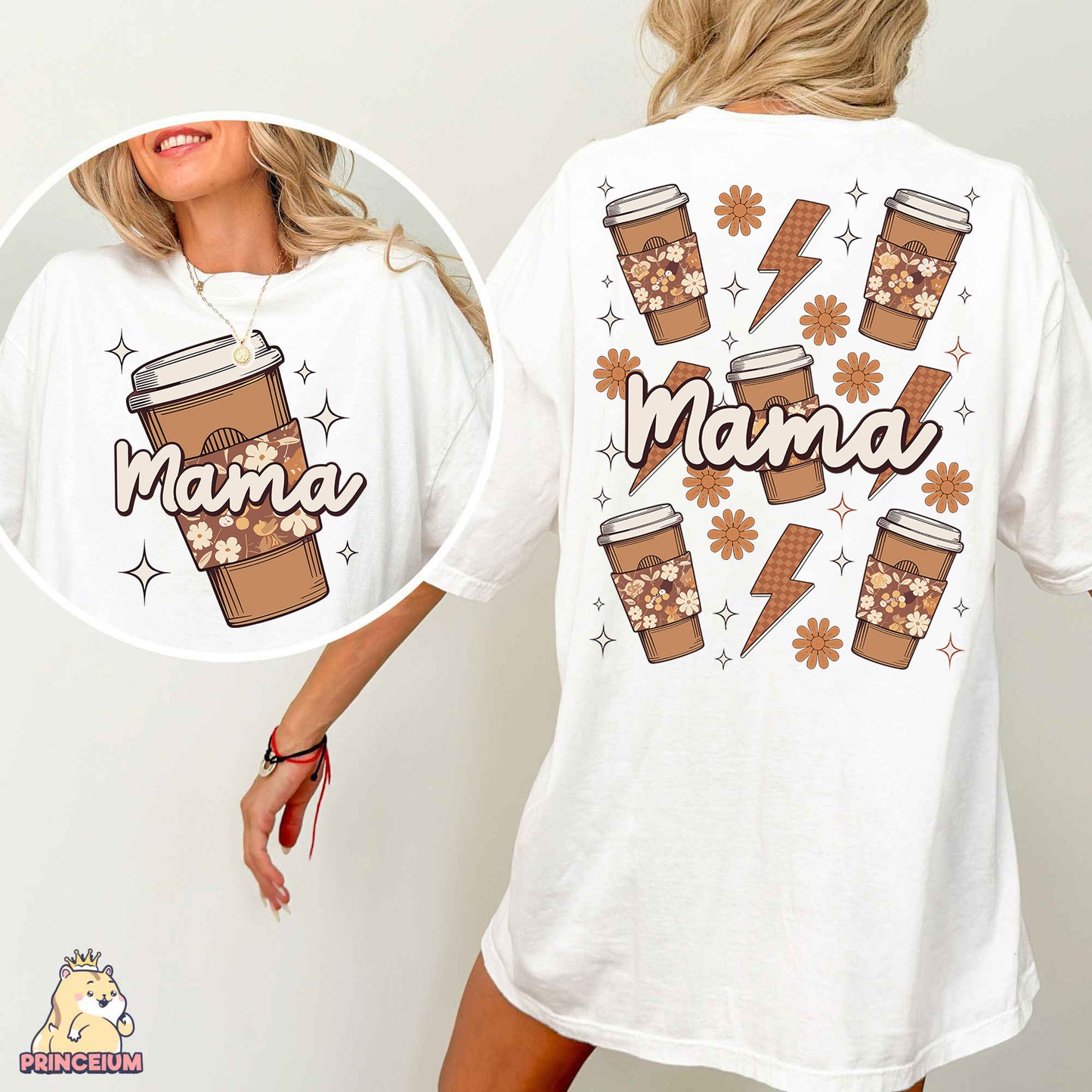 a woman wearing a white shirt with a cup of coffee on it