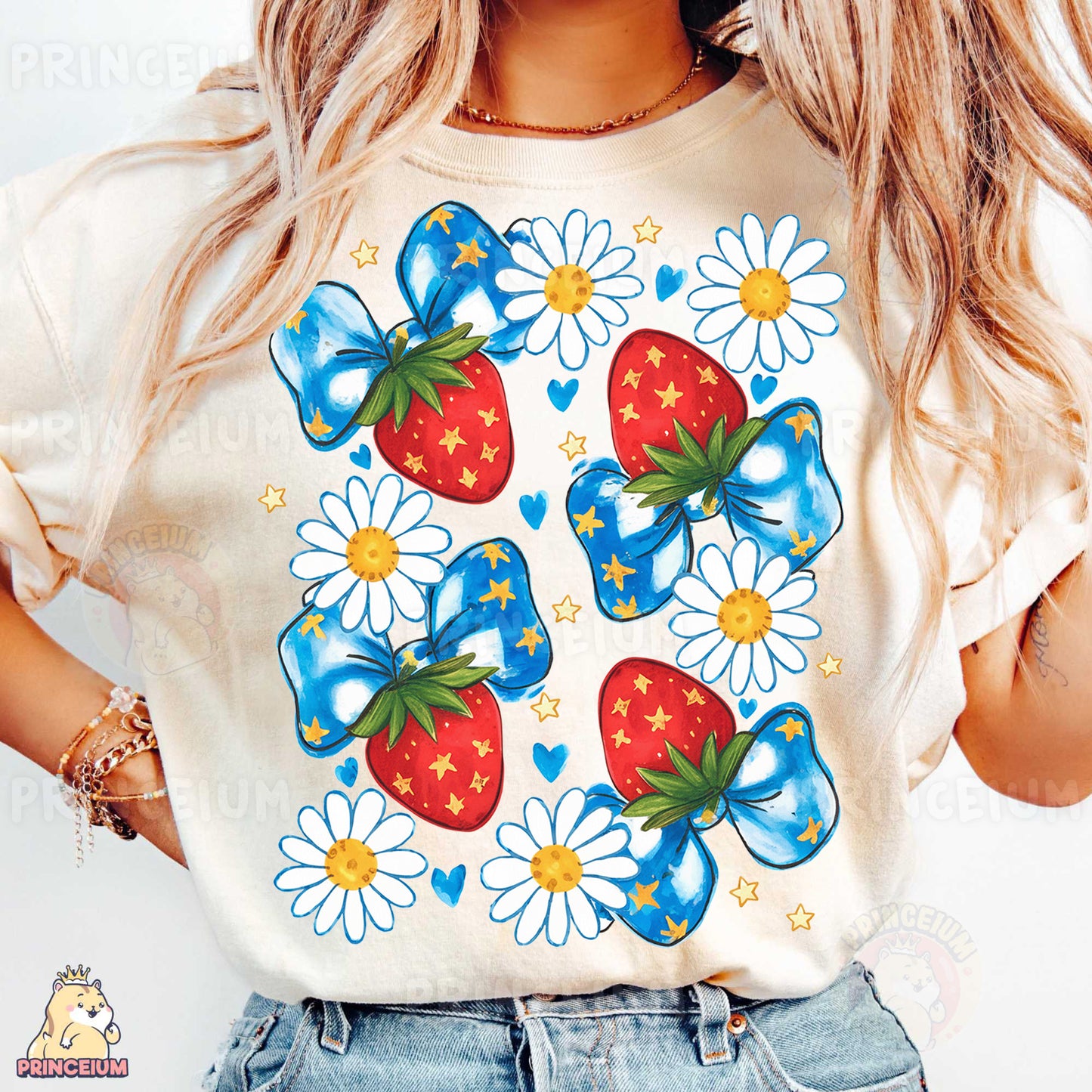 a woman wearing a t - shirt with a strawberry and daisies on it