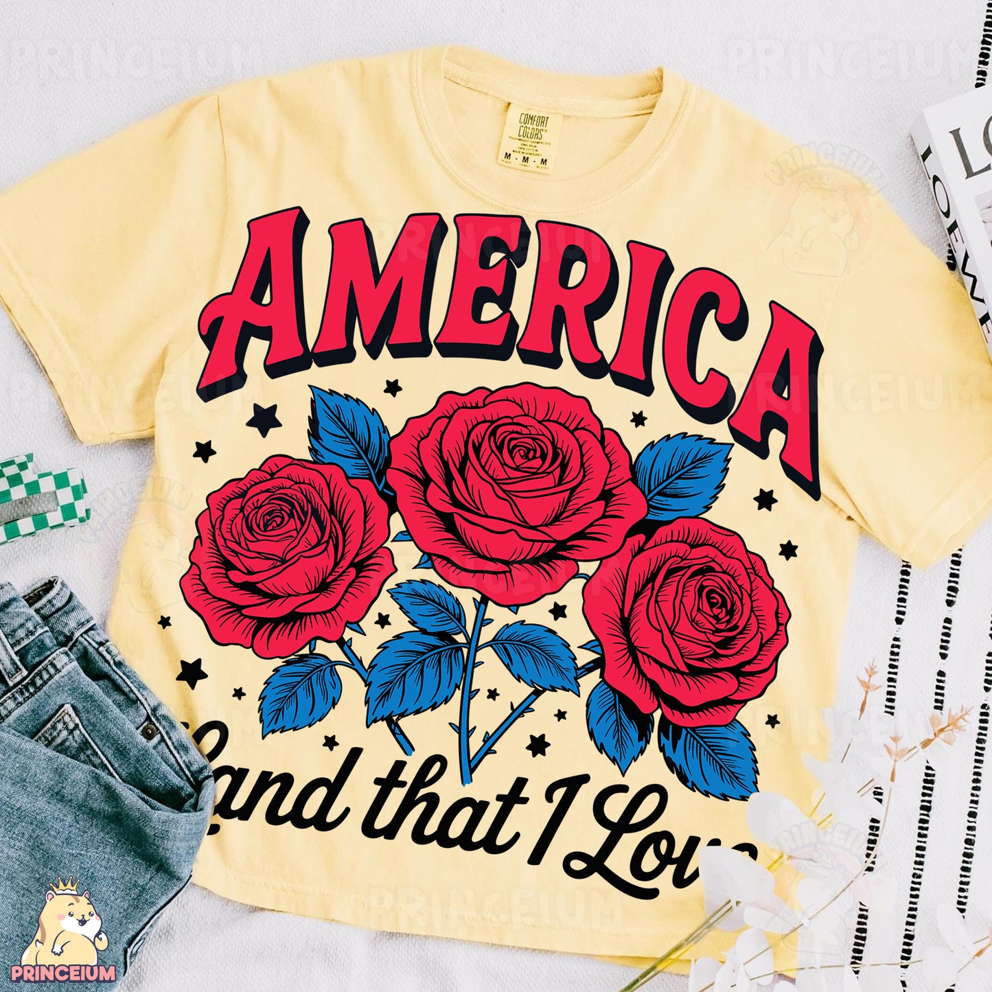 a t - shirt that says america and has roses on it