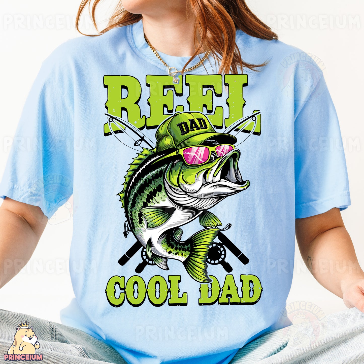a woman wearing a t - shirt that says reel dad cool dad
