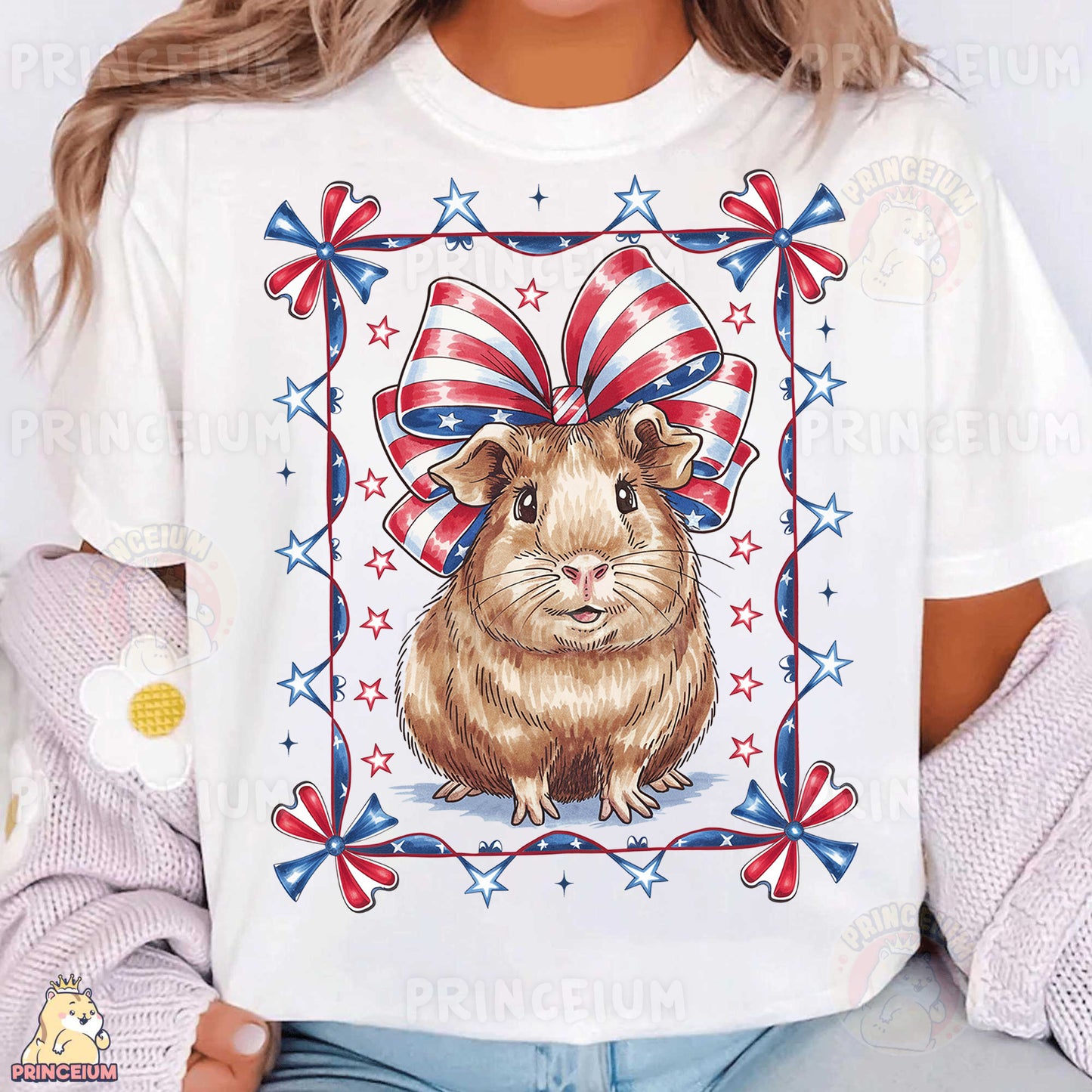 a woman wearing a t - shirt with a picture of a hamster wearing a