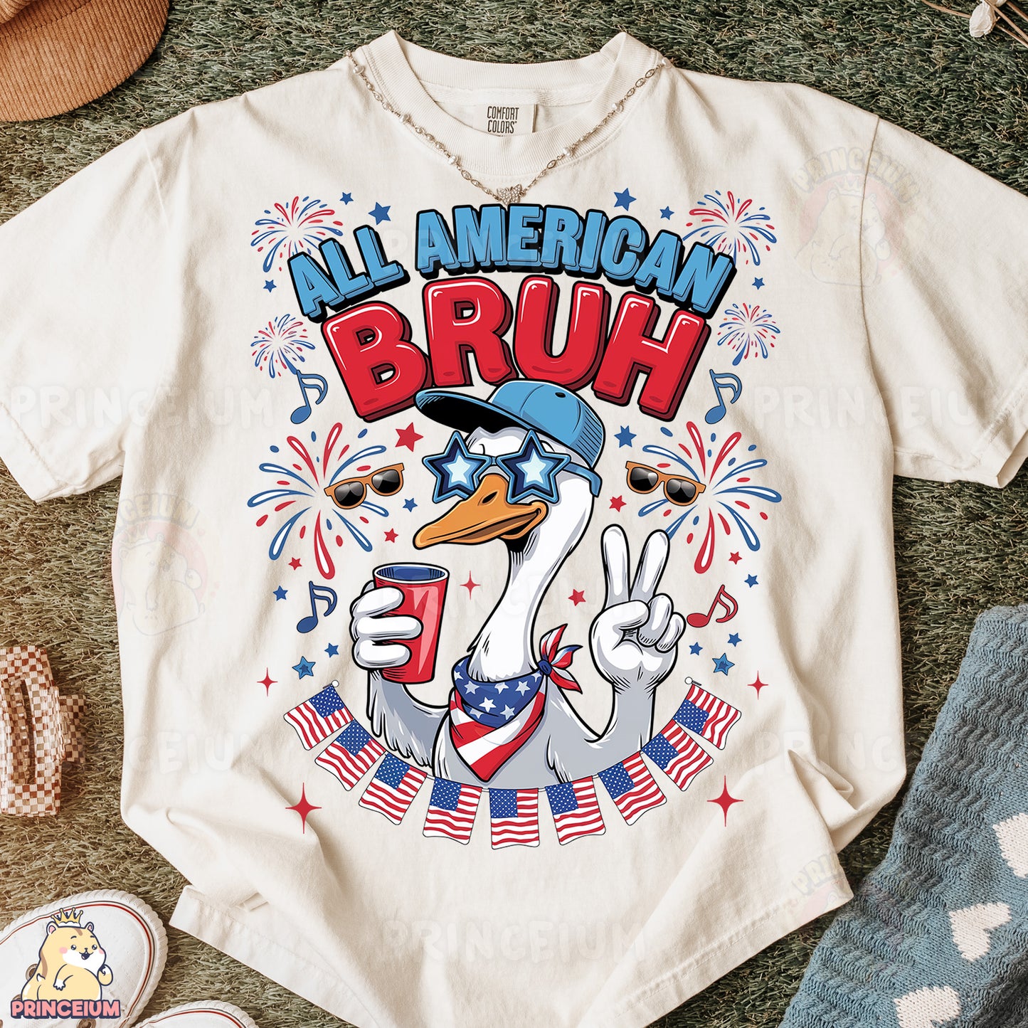 a t - shirt with an image of a duck wearing a hat and holding a