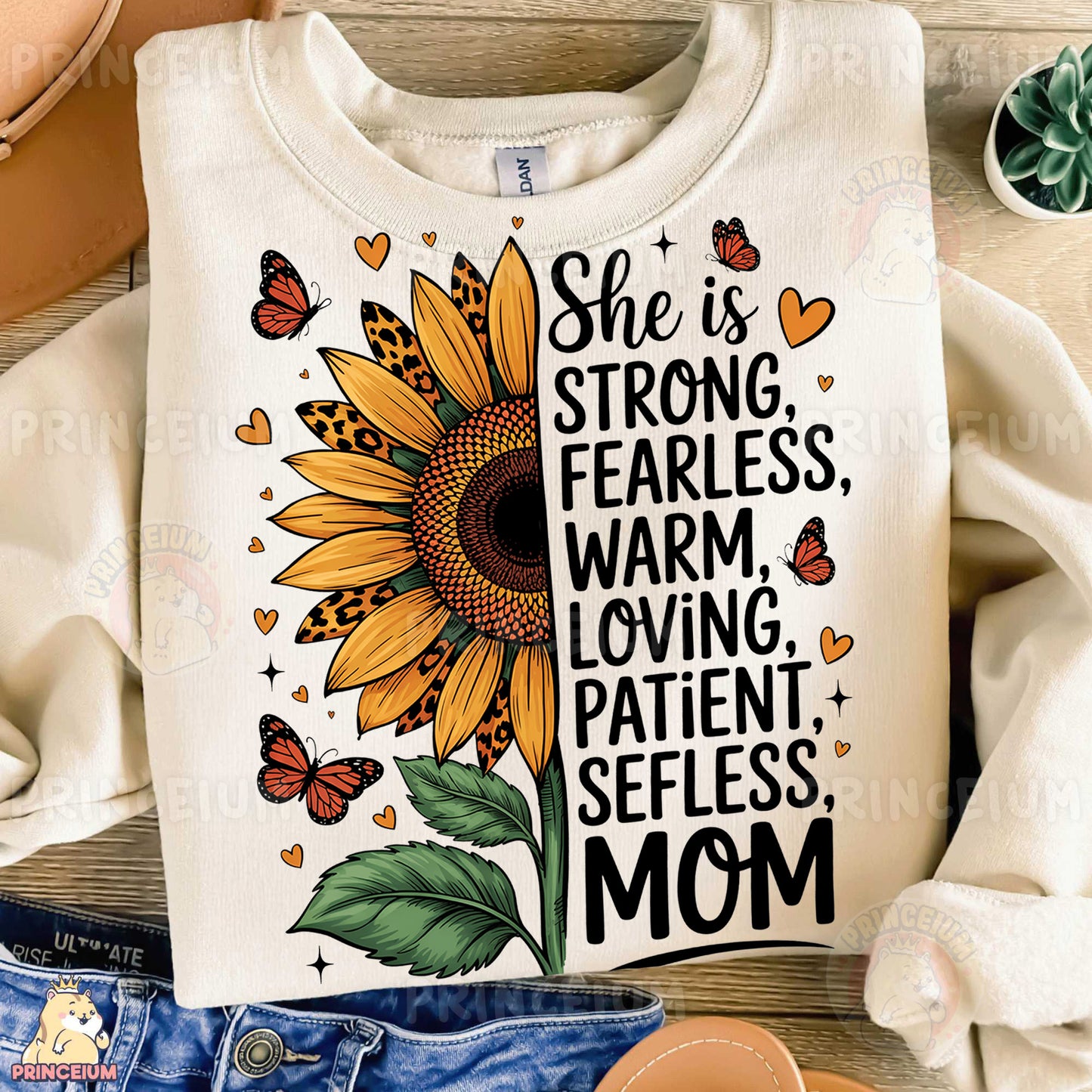 a white shirt with a sunflower and butterflies on it