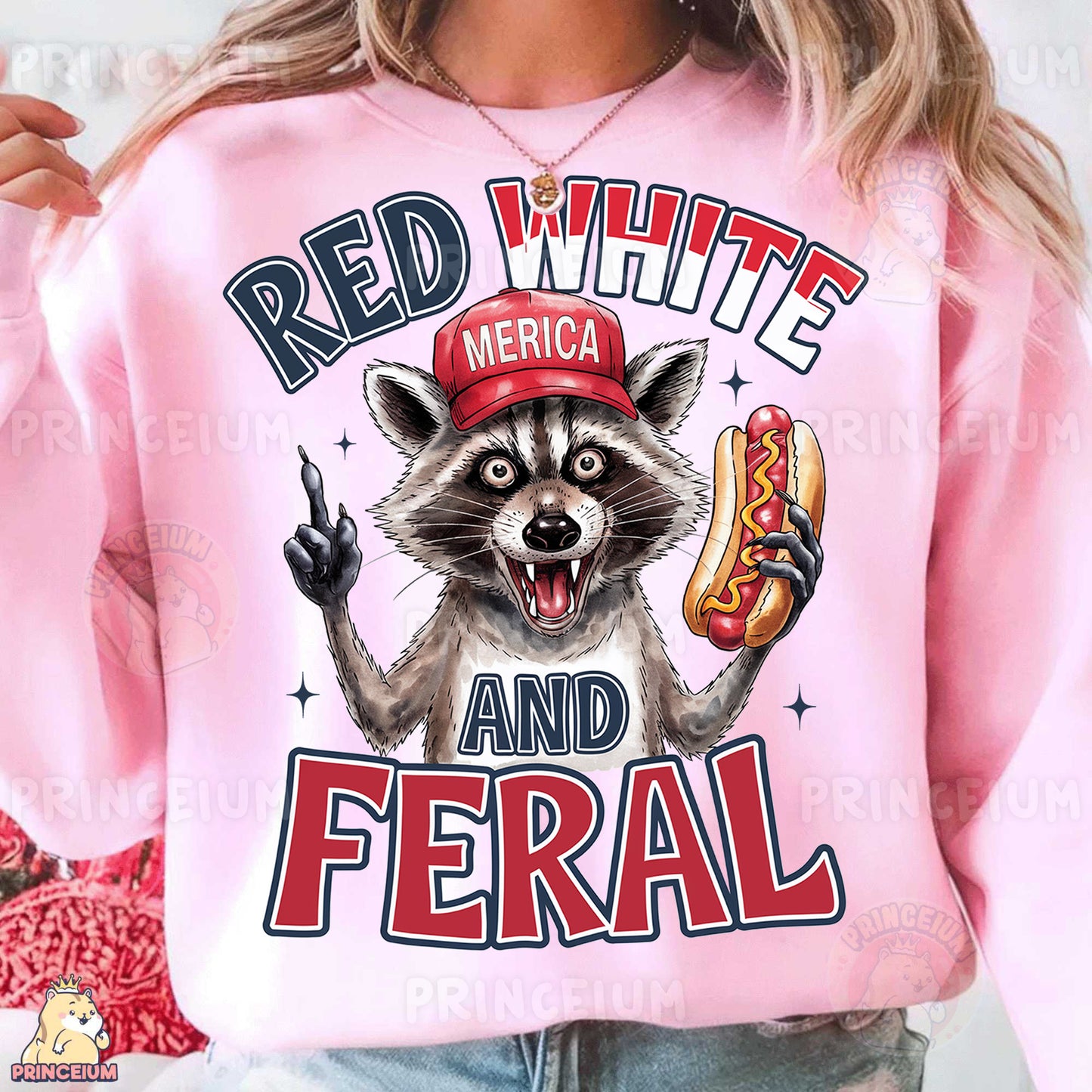 a woman wearing a pink sweatshirt with a raccoon eating a hot dog