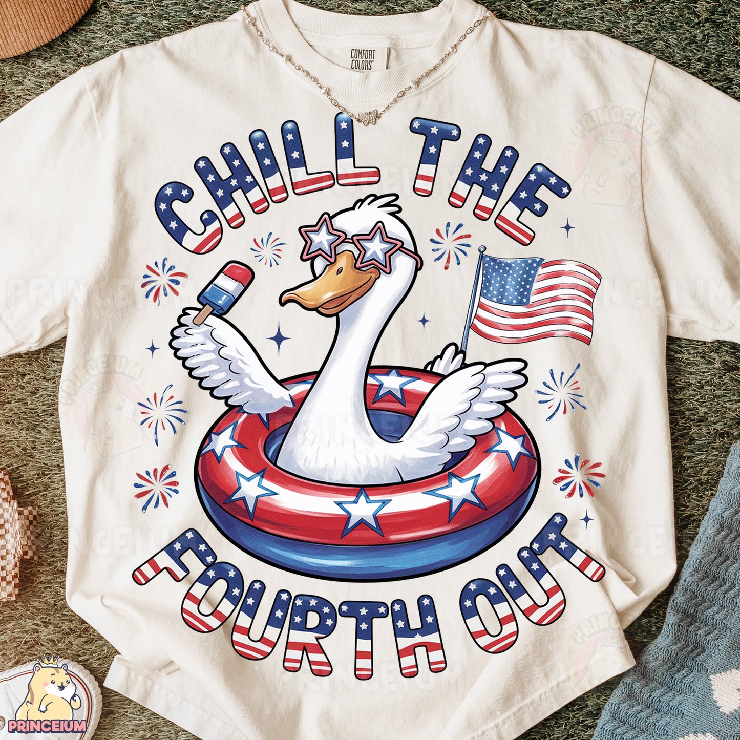 a t - shirt with an image of a duck floating on an inflatable