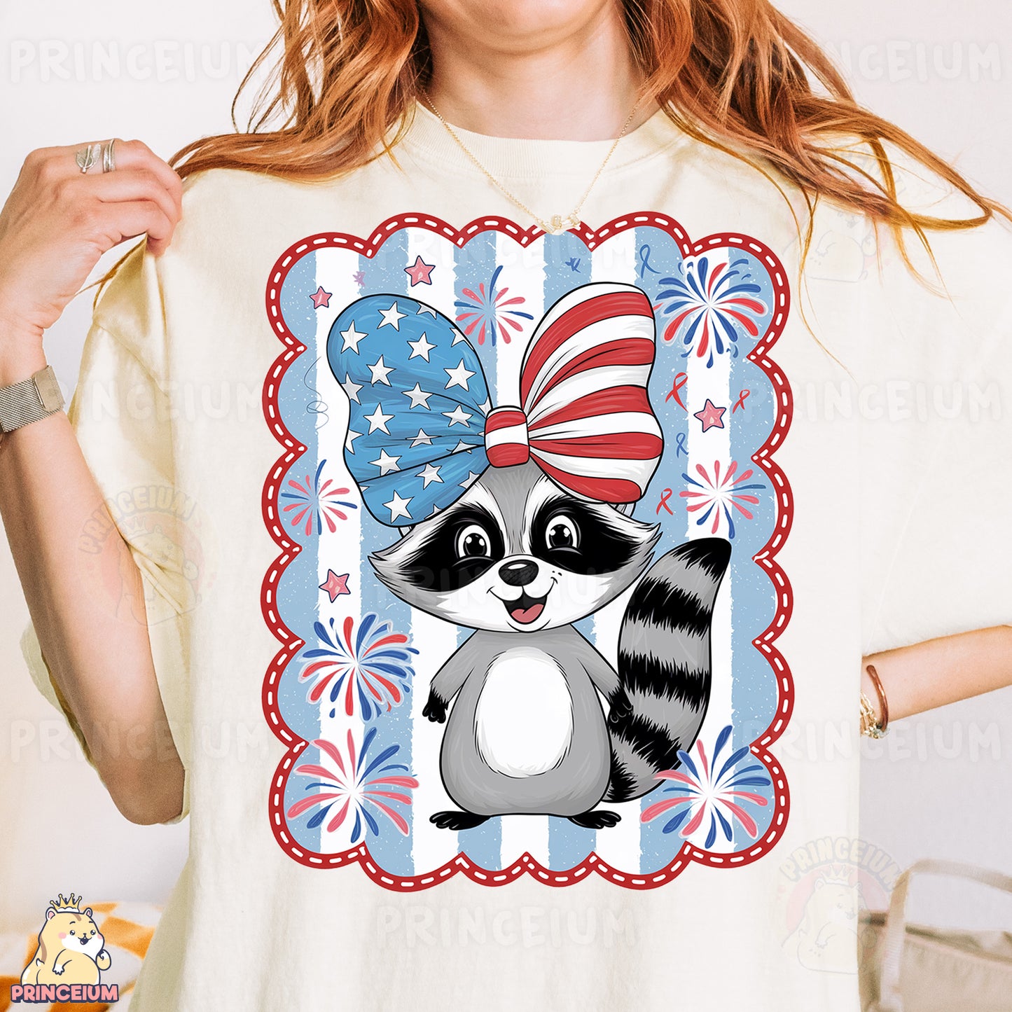 a woman wearing a patriotic shirt with a raccoon on it