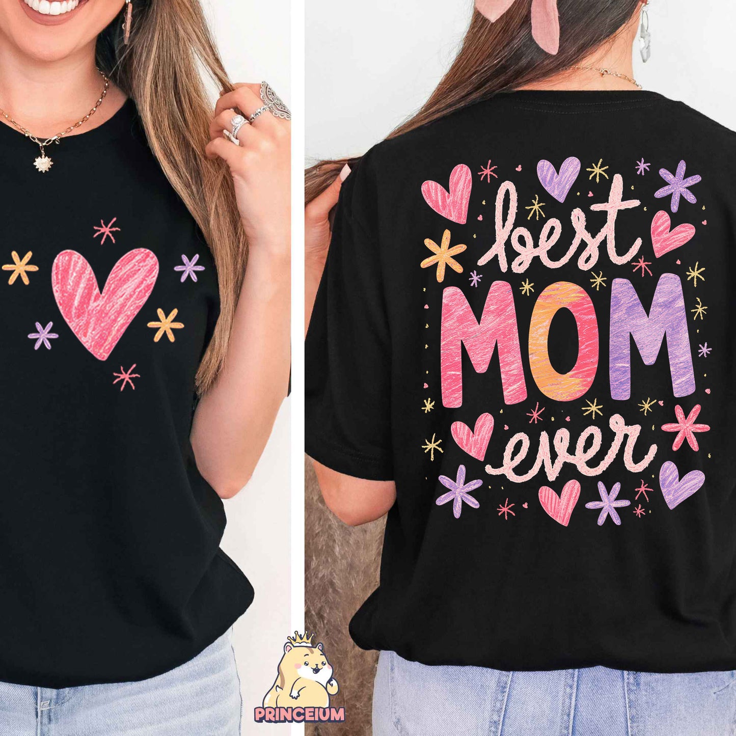 a woman wearing a t - shirt that says best mom ever