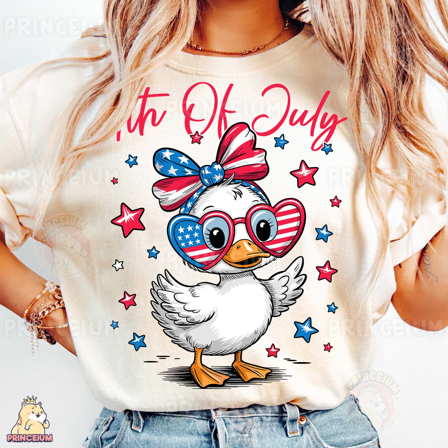 a woman wearing a t - shirt with an image of a duck wearing glasses