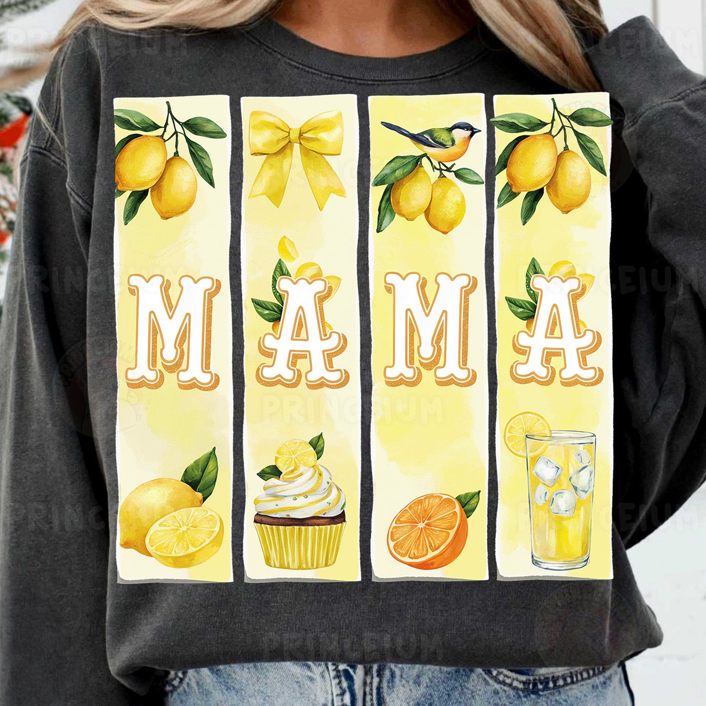 a woman wearing a black sweatshirt with lemons and cupcakes on it
