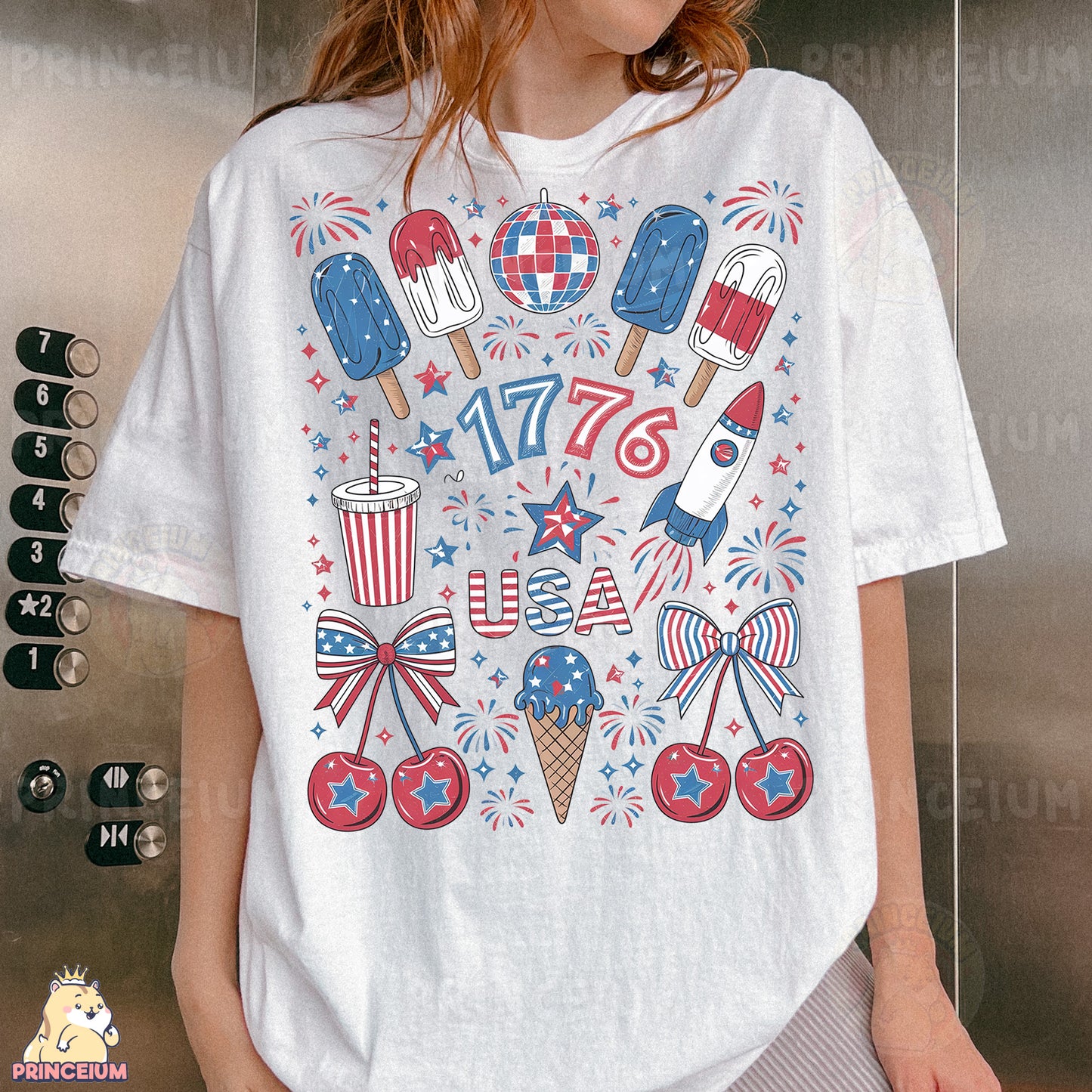 a woman wearing a white shirt with fireworks and ice cream on it