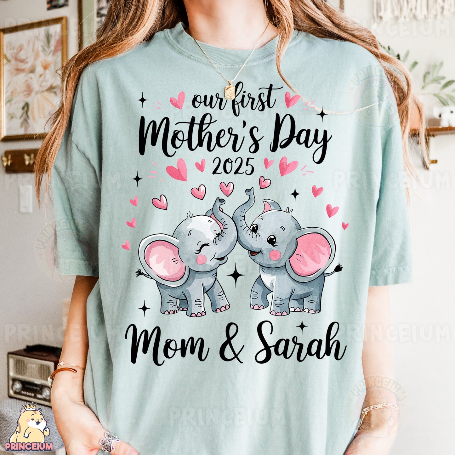 a woman wearing a t - shirt that says our first mother's day mom