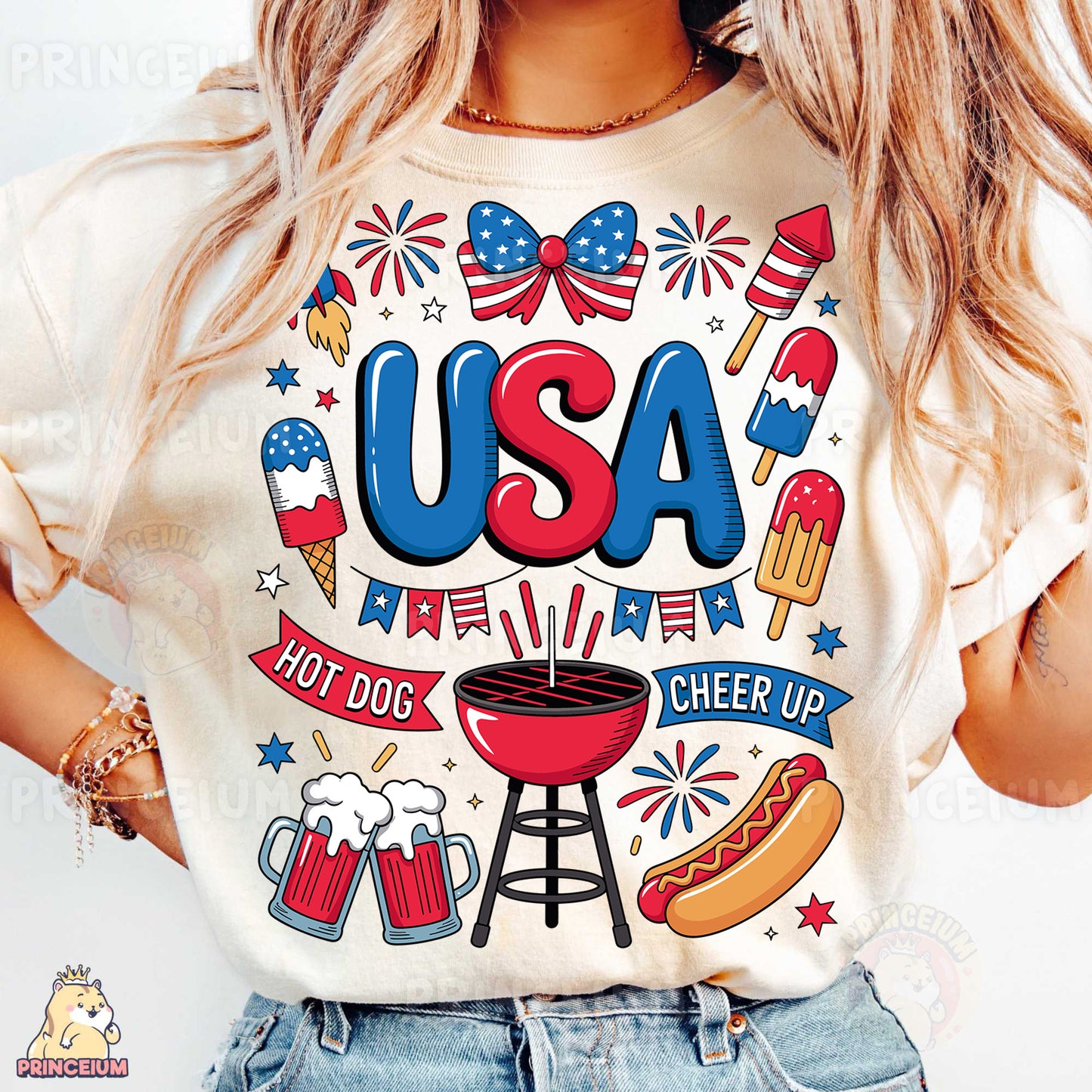 a woman wearing a usa t - shirt and denim shorts