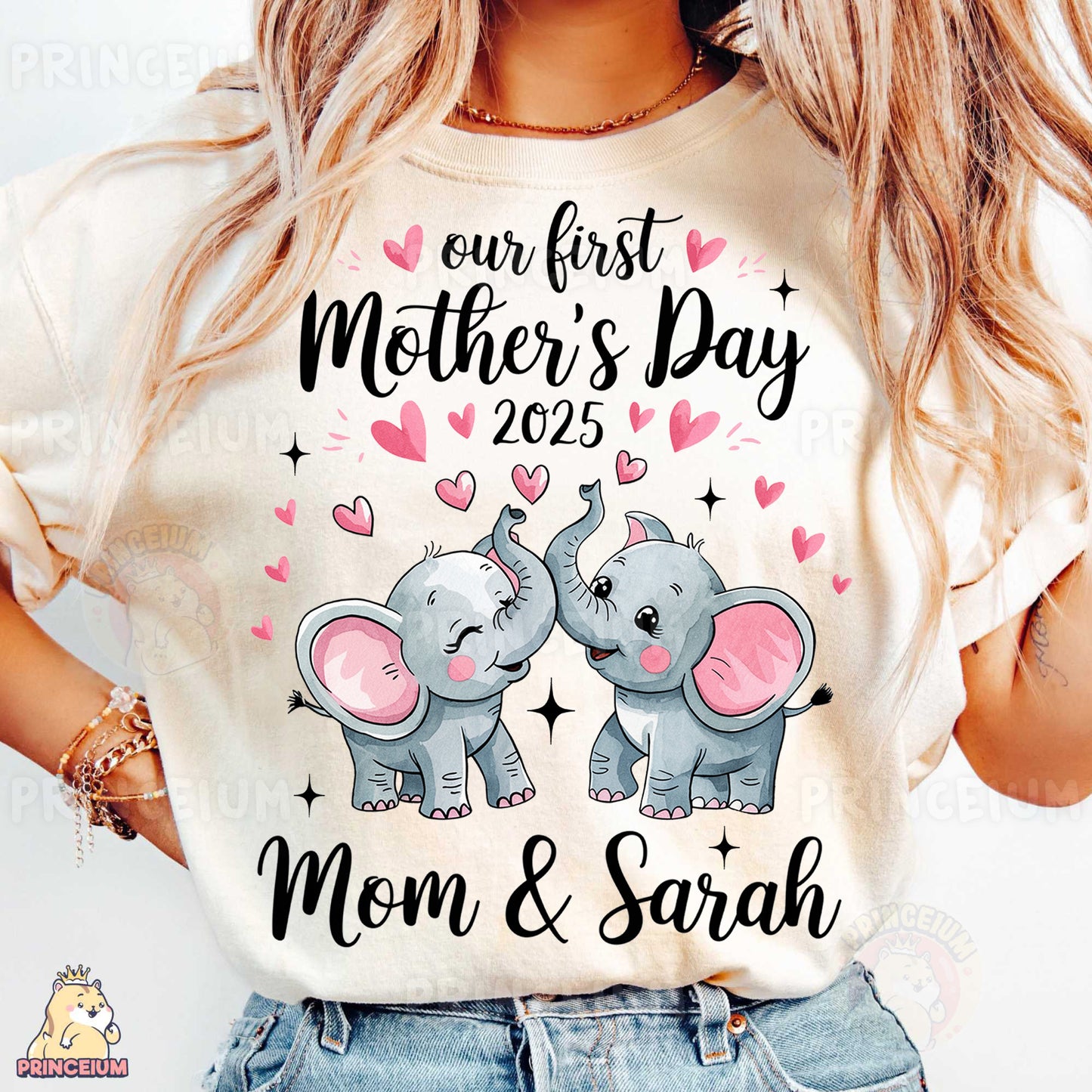 a woman wearing a t - shirt that says our first mother's day