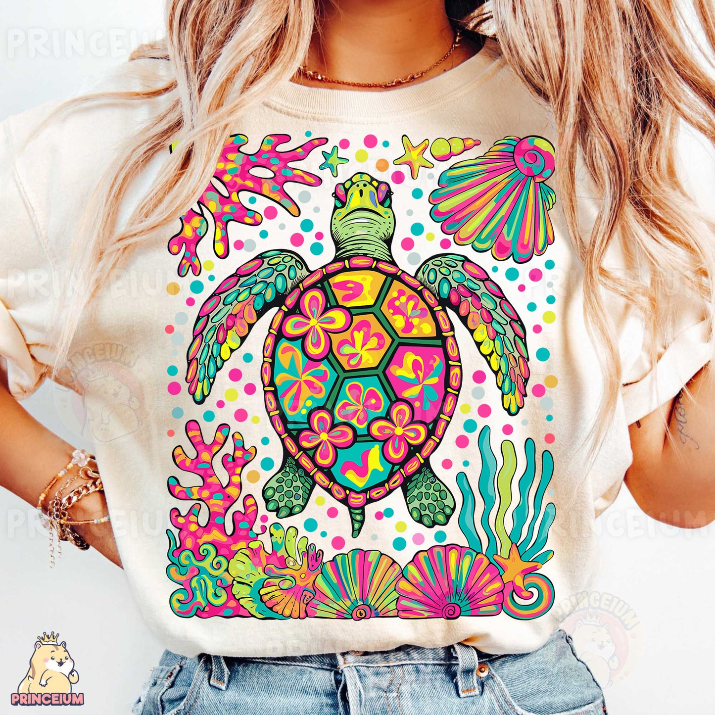 a woman wearing a t - shirt with a turtle on it