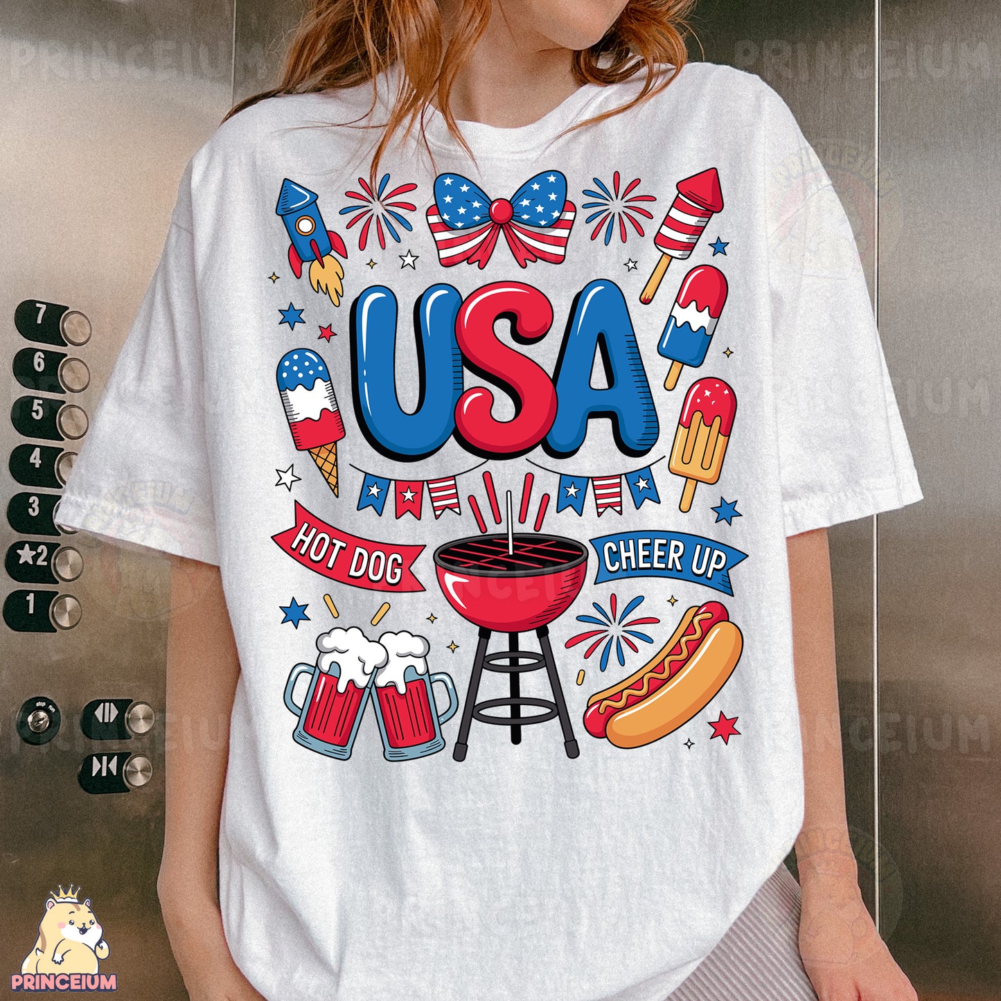a woman wearing a usa t - shirt standing in front of a refrigerator
