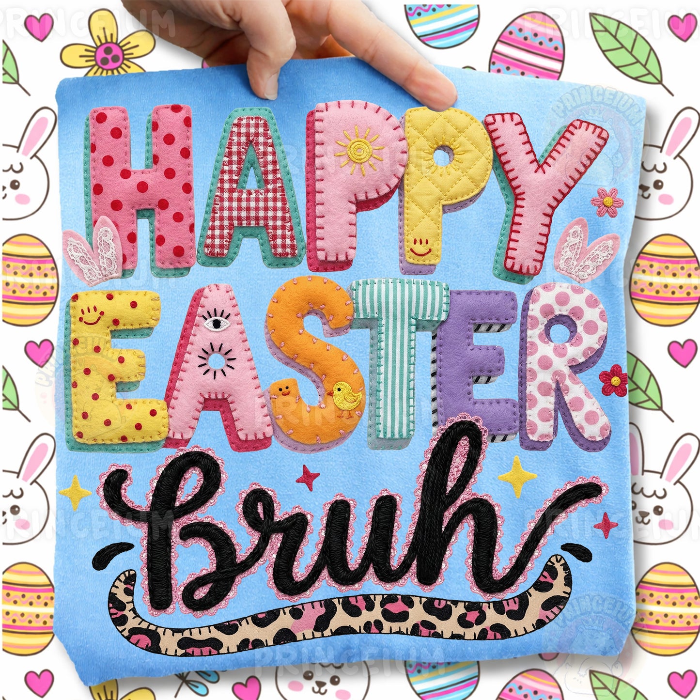 Happy Easter Bruh PNG, Patchwork Bunny Lettering Art, Cute Funny Easter Quote Clipart