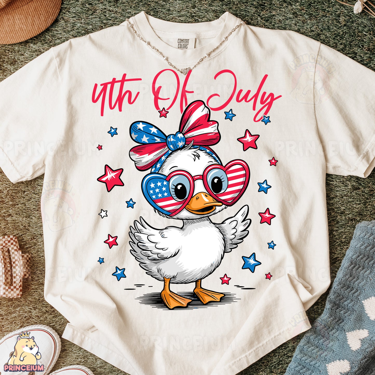 a white shirt with a duck wearing sunglasses