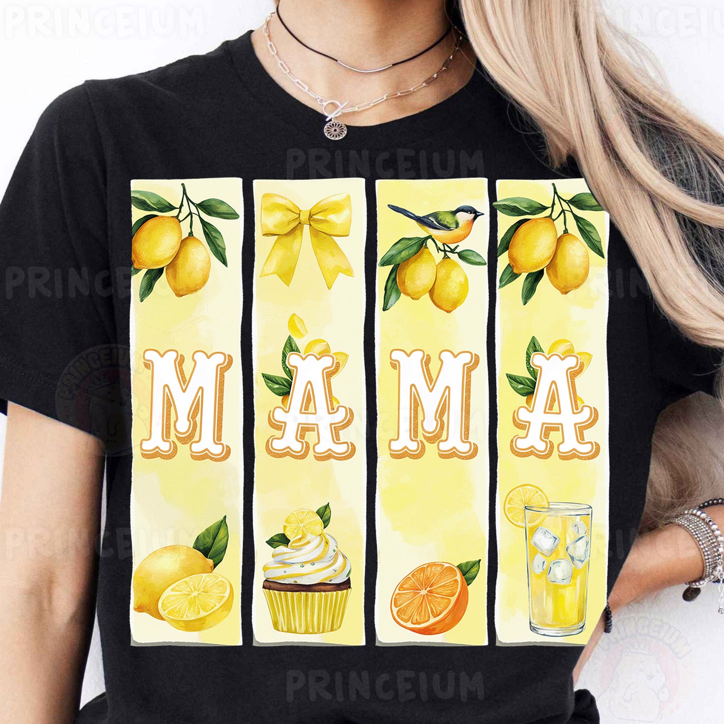 a woman wearing a black t - shirt with lemons and cupcakes on
