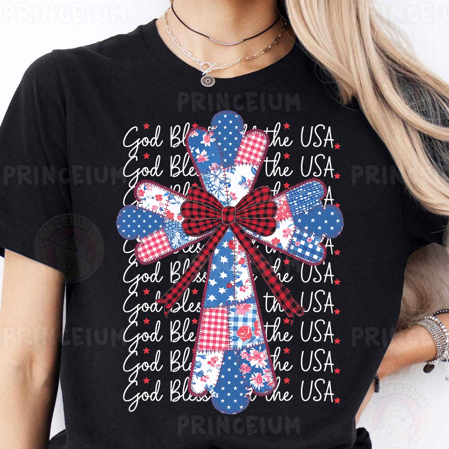 a woman wearing a black shirt with a red, white and blue bow