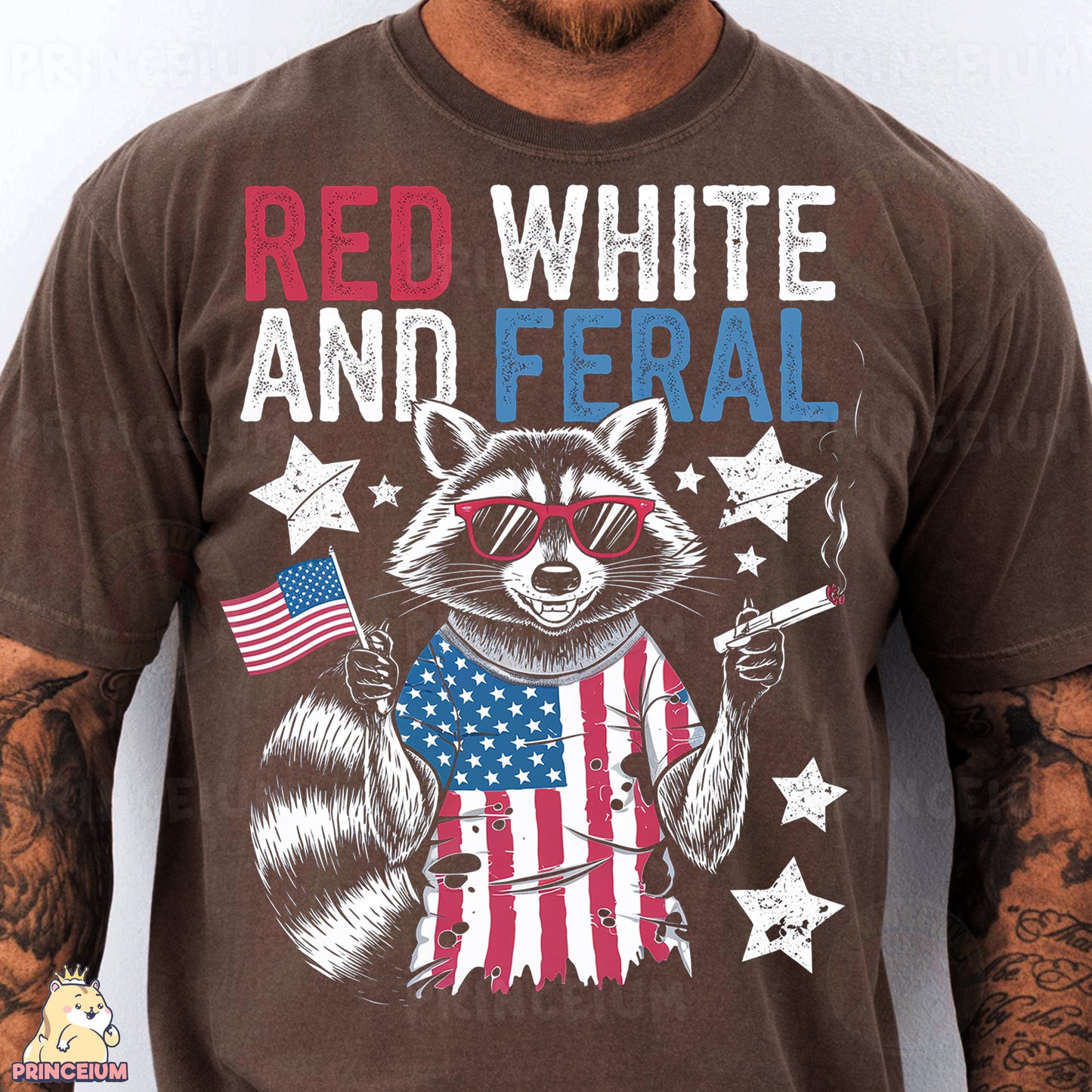 a man wearing a brown shirt with a raccoon and american flag on it