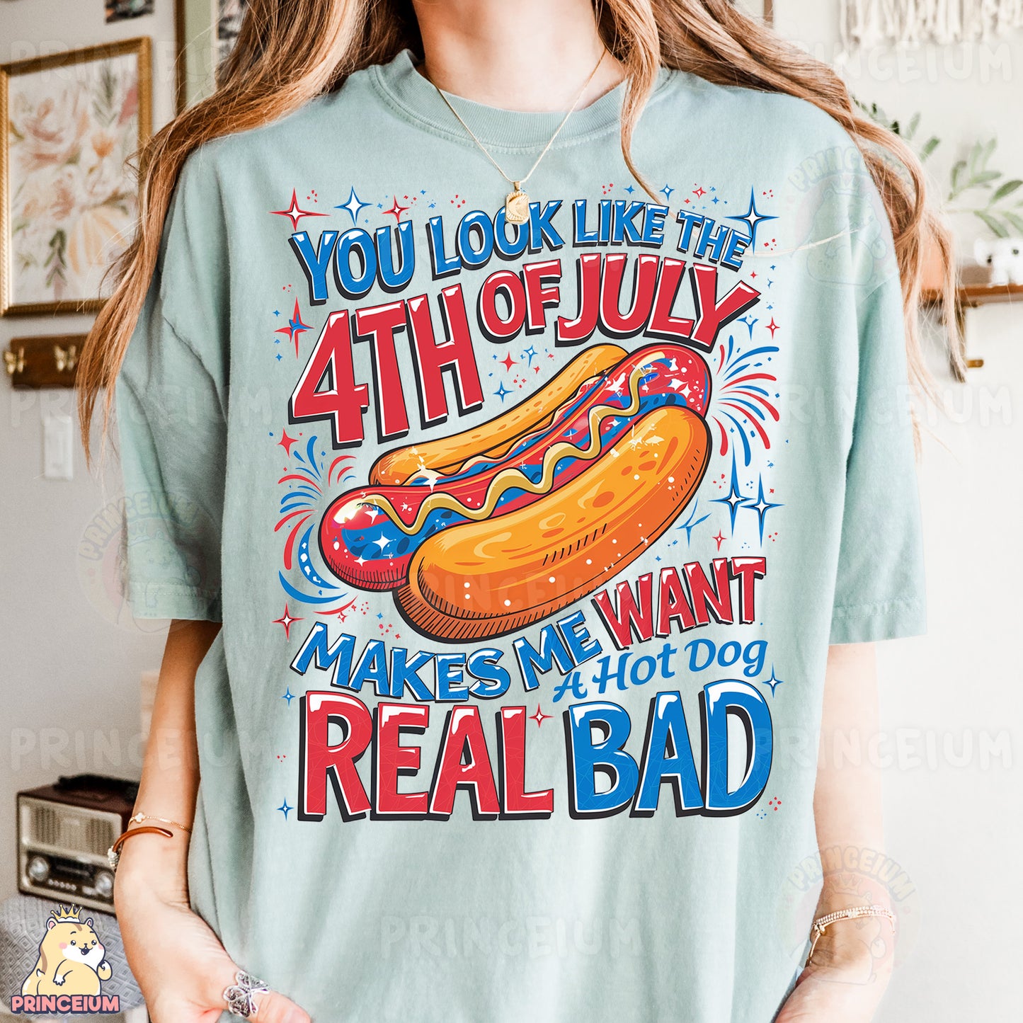 a woman wearing a t - shirt that says you look like the 4th of july