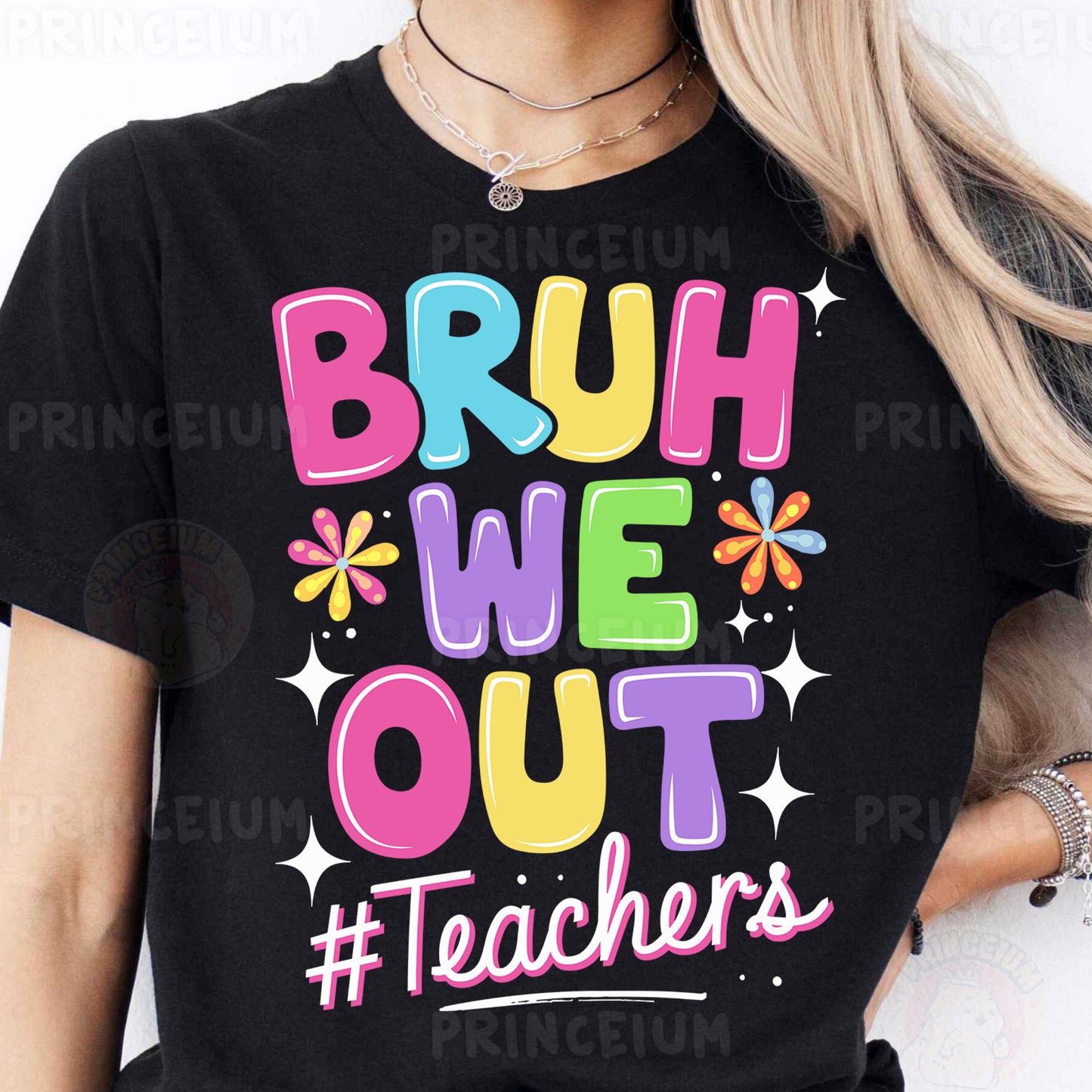 a woman wearing a t - shirt that says bruh we out teachers
