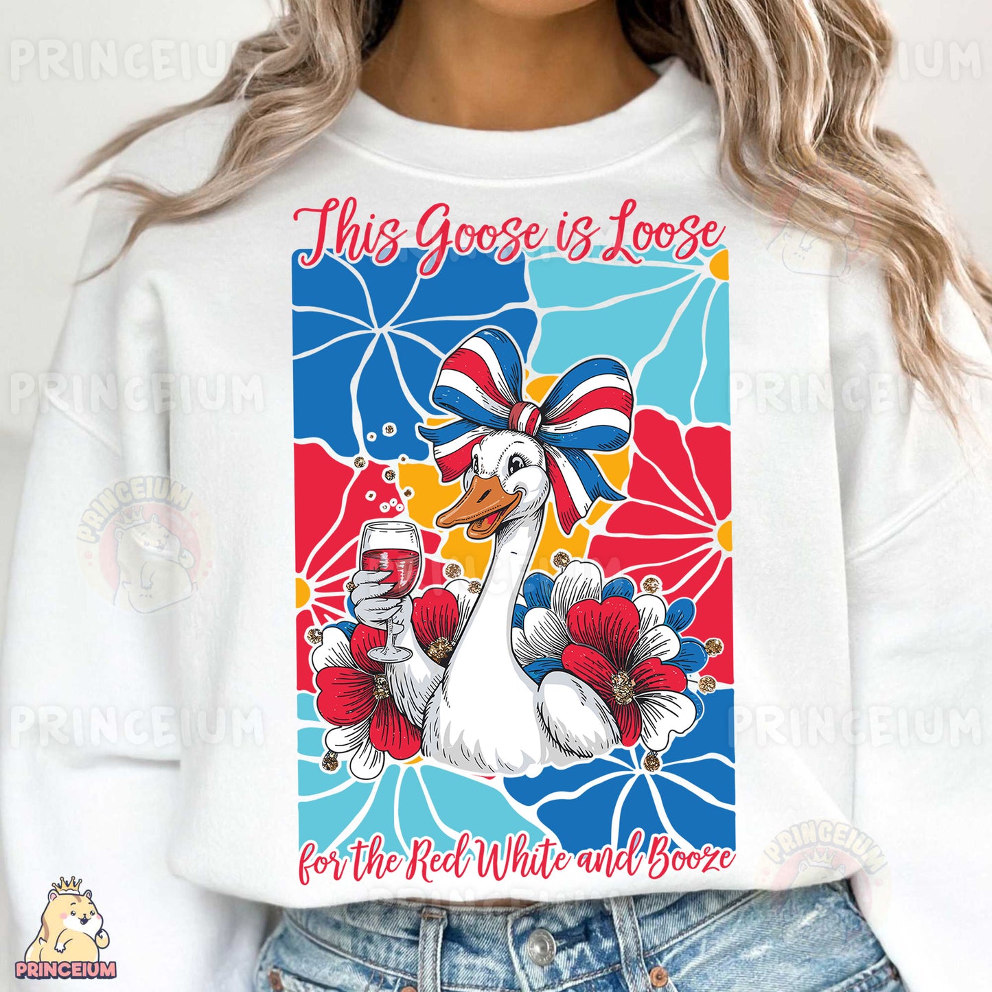 a woman wearing a white shirt with a goose on it