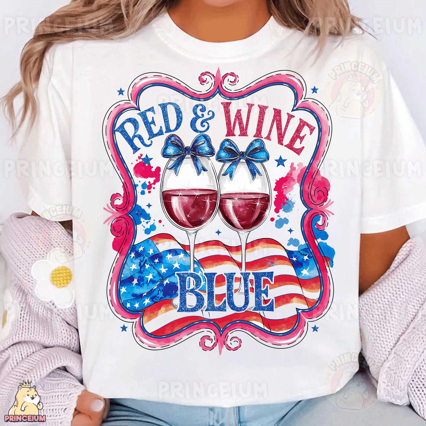 a woman wearing a red and white shirt with two glasses of wine
