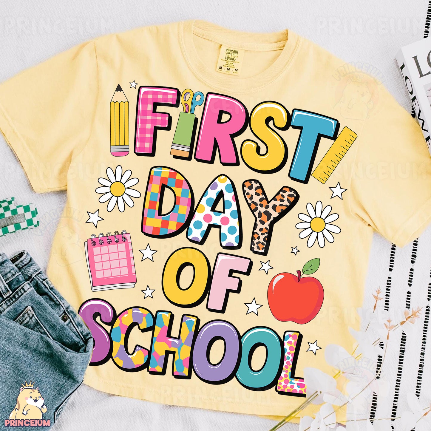 a yellow shirt that says first day of school