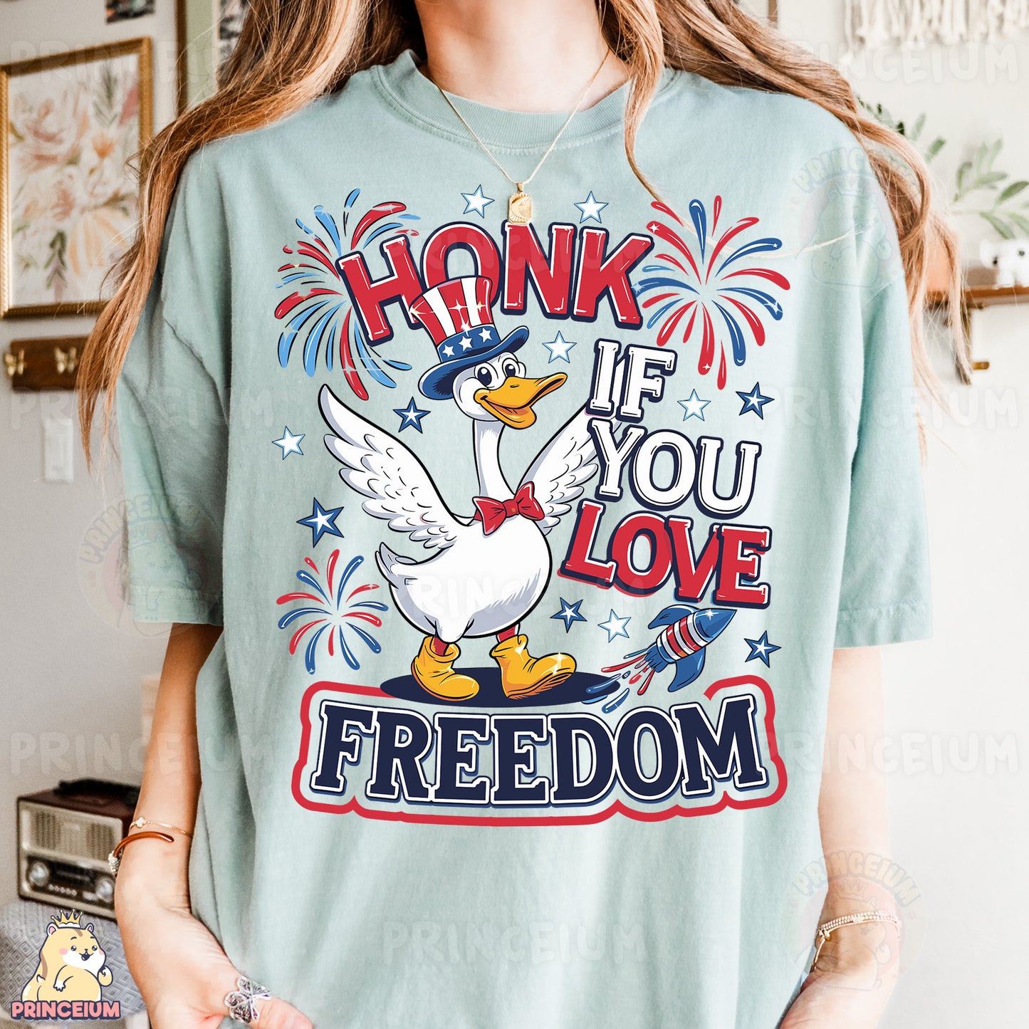 a woman wearing a t - shirt that says honk if you love freedom
