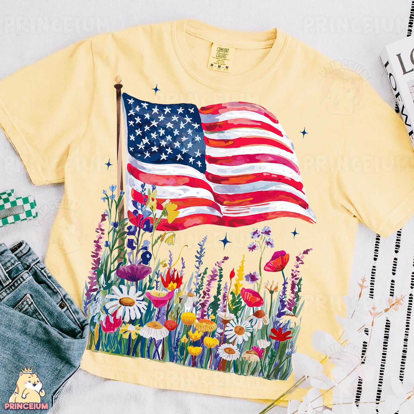 a yellow shirt with an american flag on it