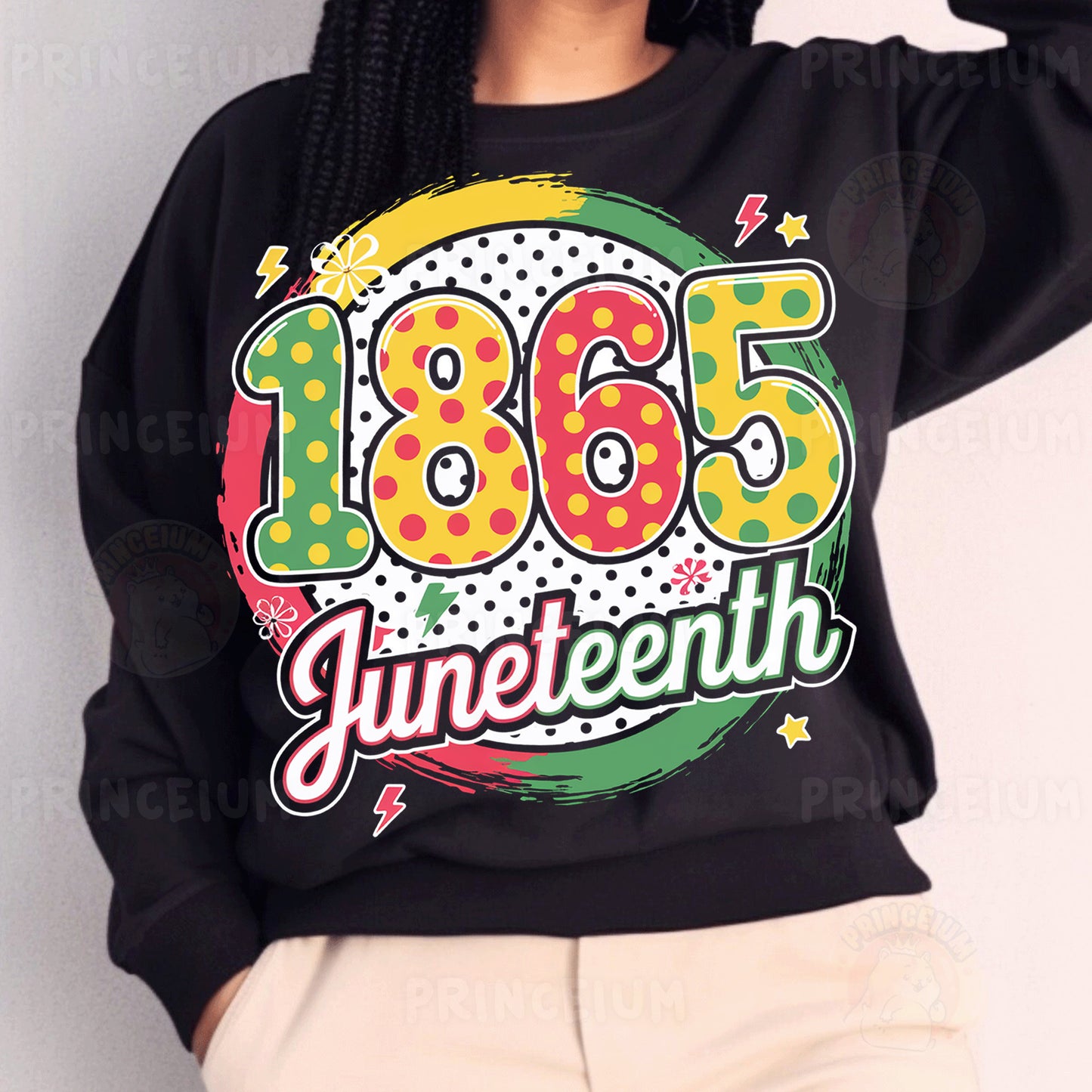 a woman wearing a black sweatshirt with the year 1965 printed on it