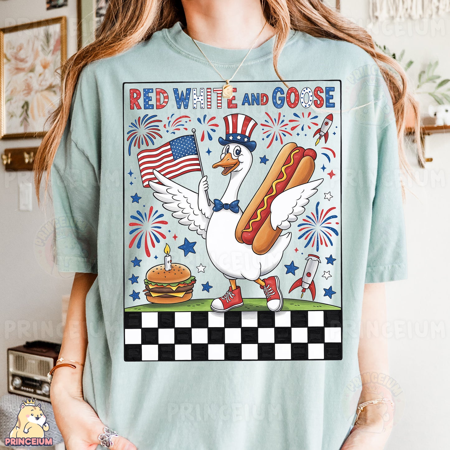 a woman wearing a red, white and goose shirt