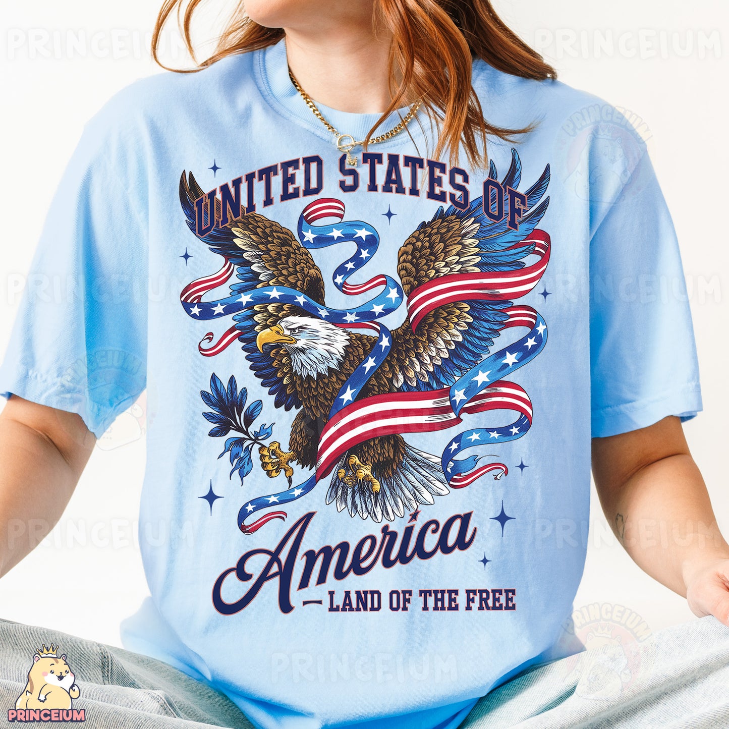 a woman wearing a blue united states of america t - shirt