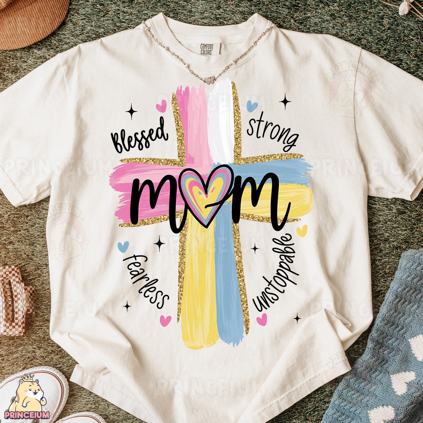 a t - shirt with a cross and a heart on it