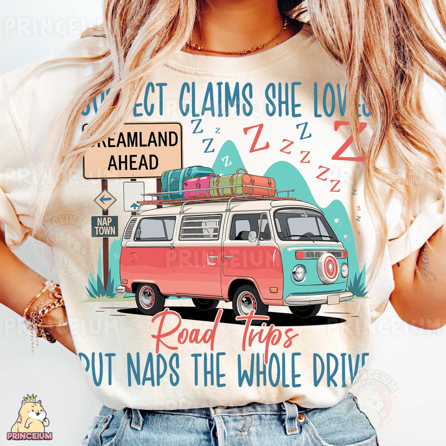 a woman wearing a t - shirt with a vw van on it