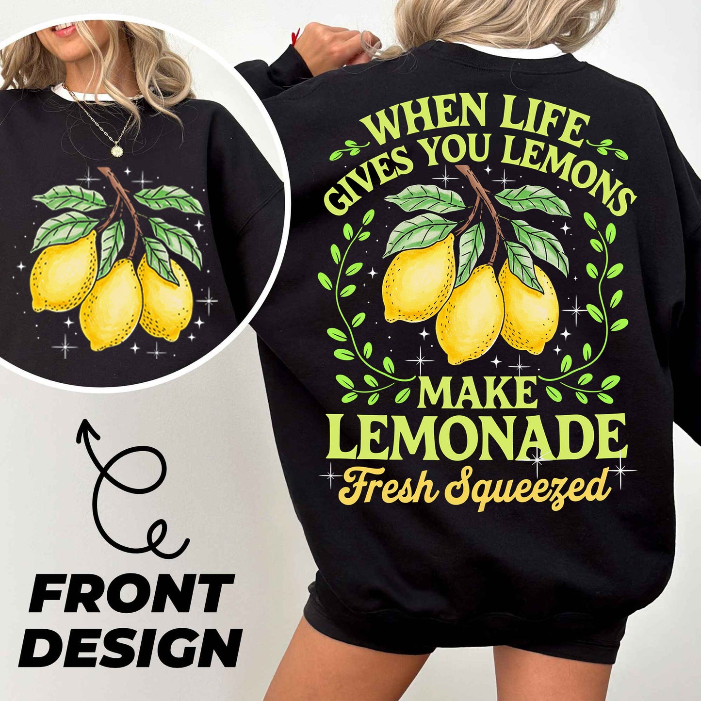 a woman wearing a black sweatshirt with lemons on it