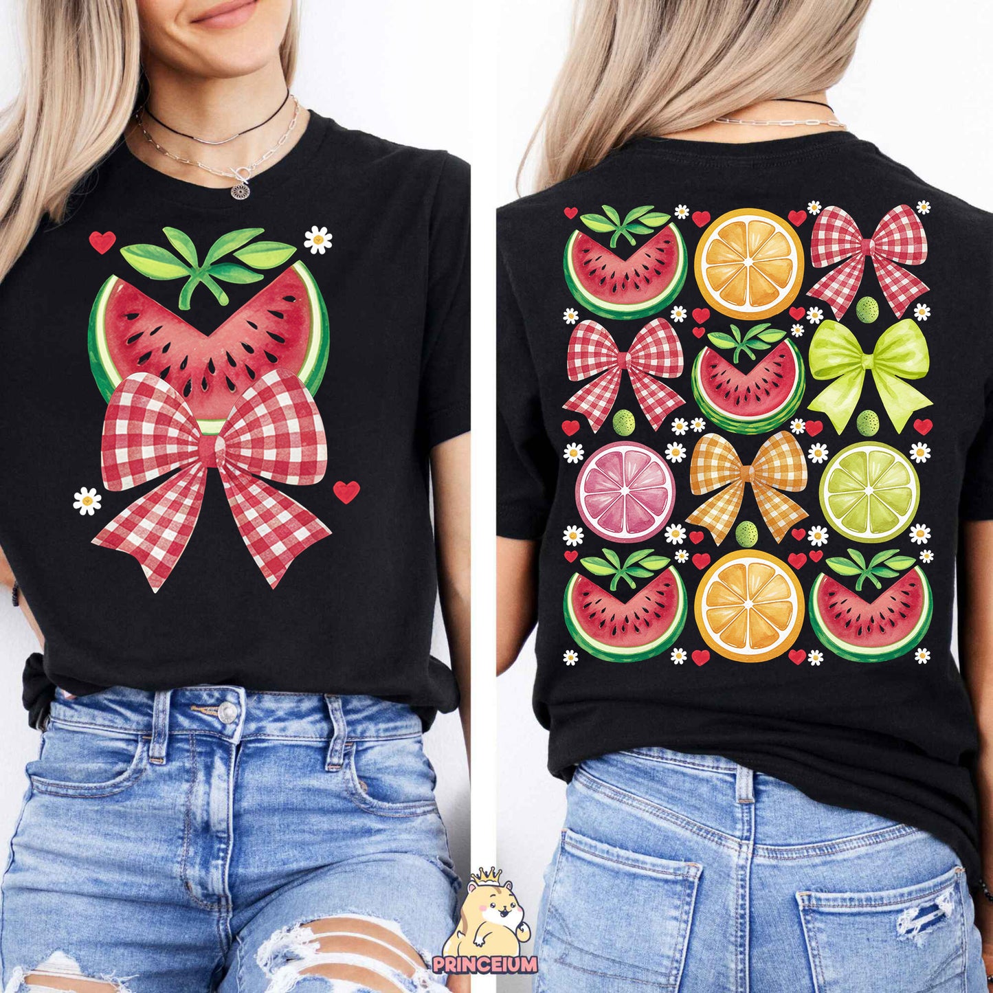 a woman wearing a black shirt with fruit on it