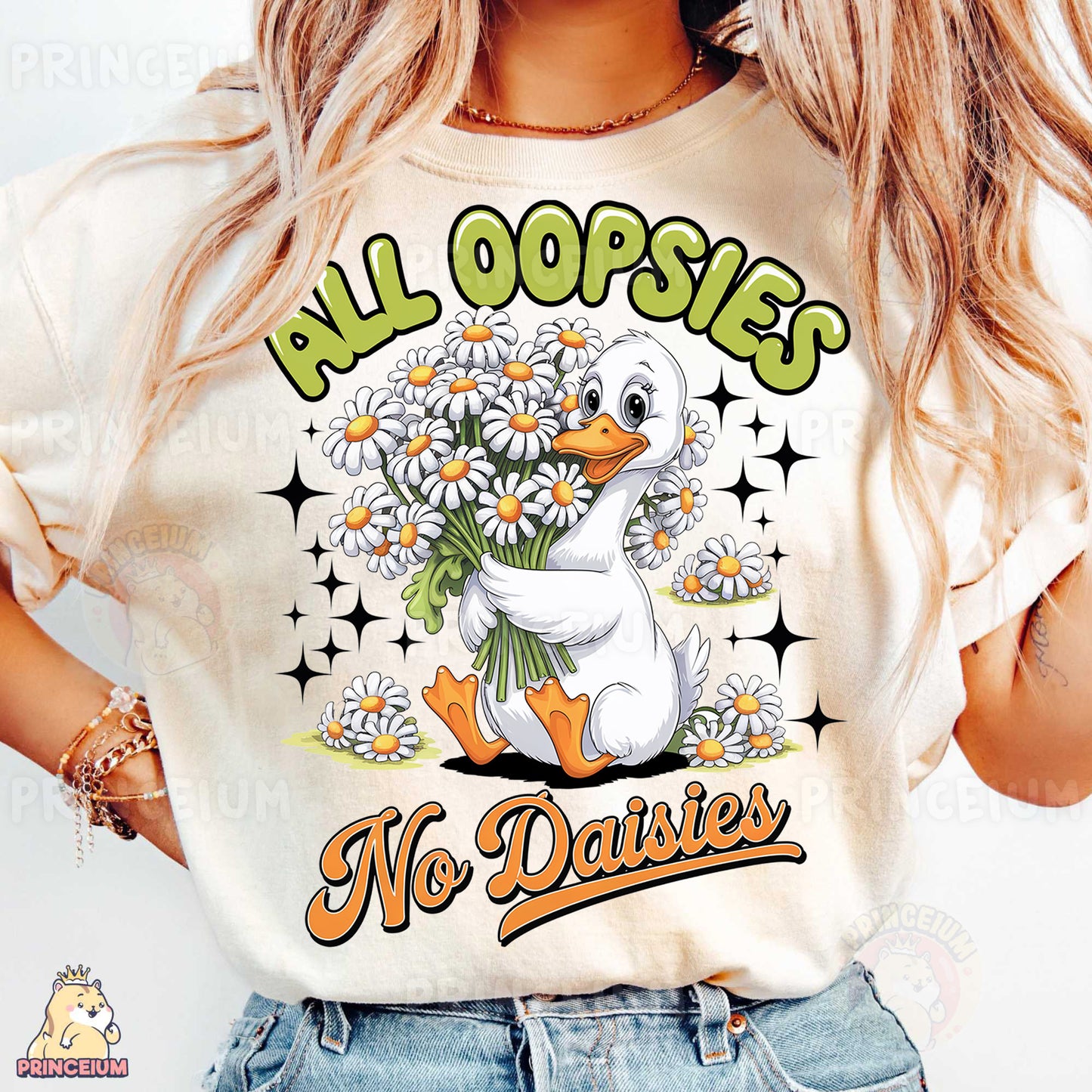 a woman wearing a t - shirt that says all oopsies no daisies
