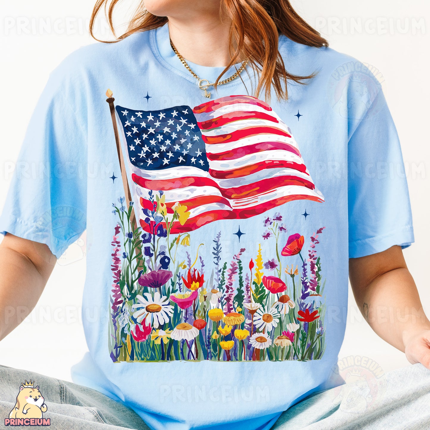 a woman wearing a blue shirt with an american flag on it