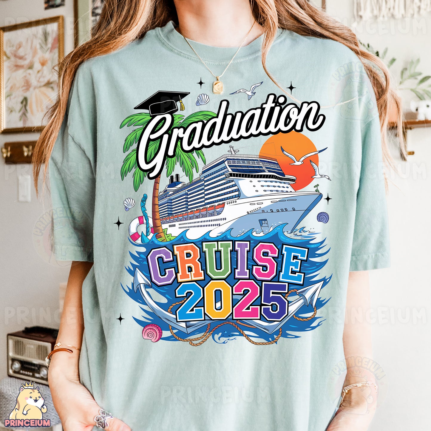 a woman wearing a graduation t - shirt with a cruise ship on it