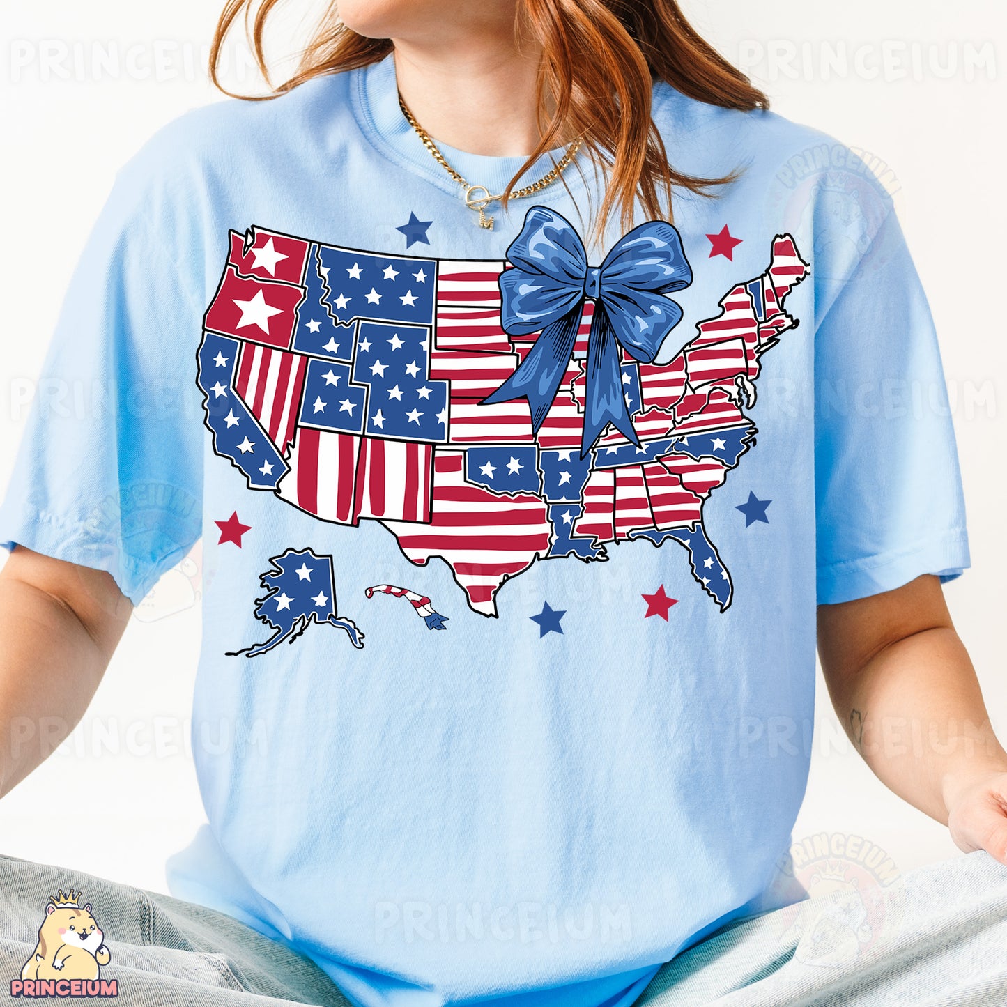 a woman wearing a blue shirt with a usa map on it