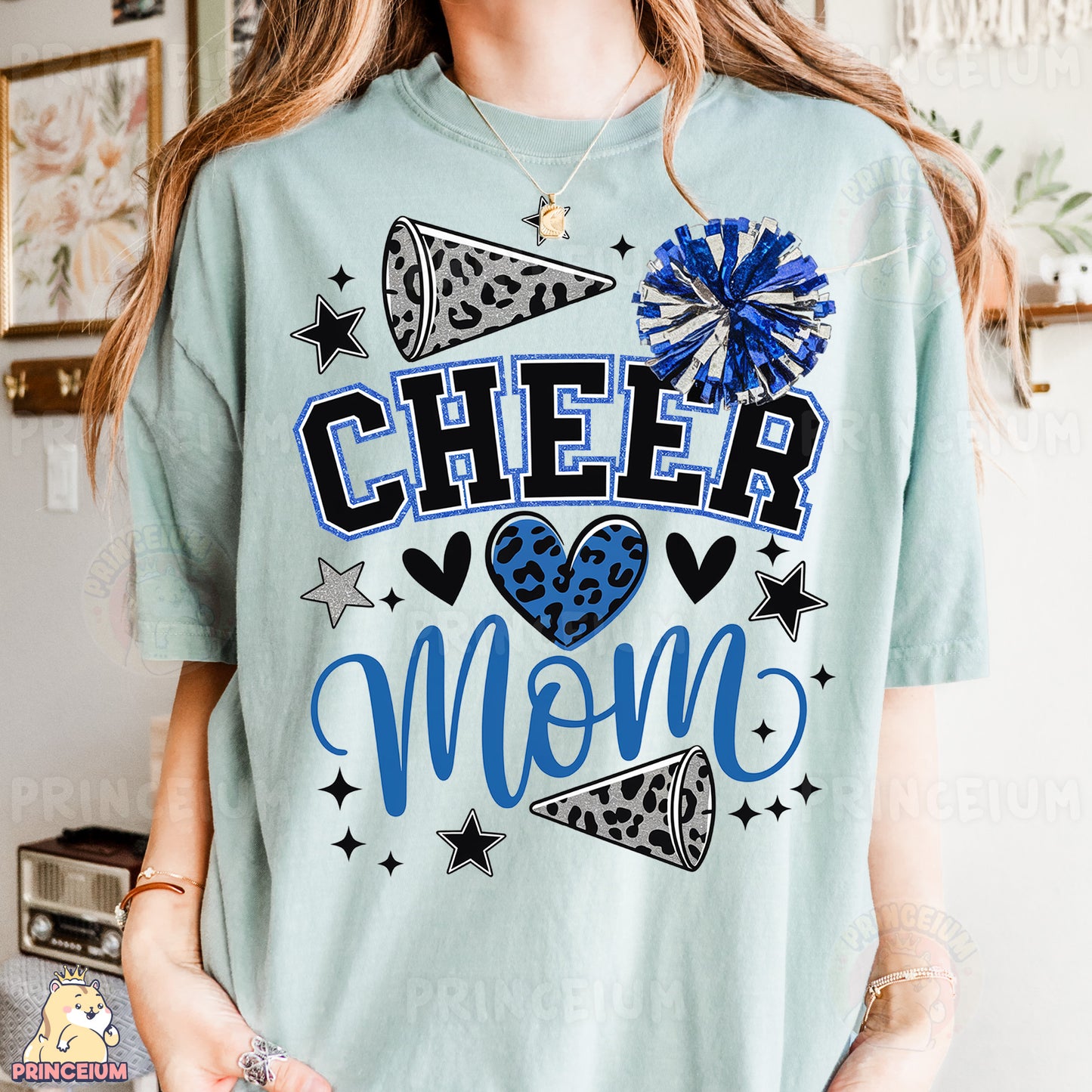 a woman wearing a cheer mom t - shirt
