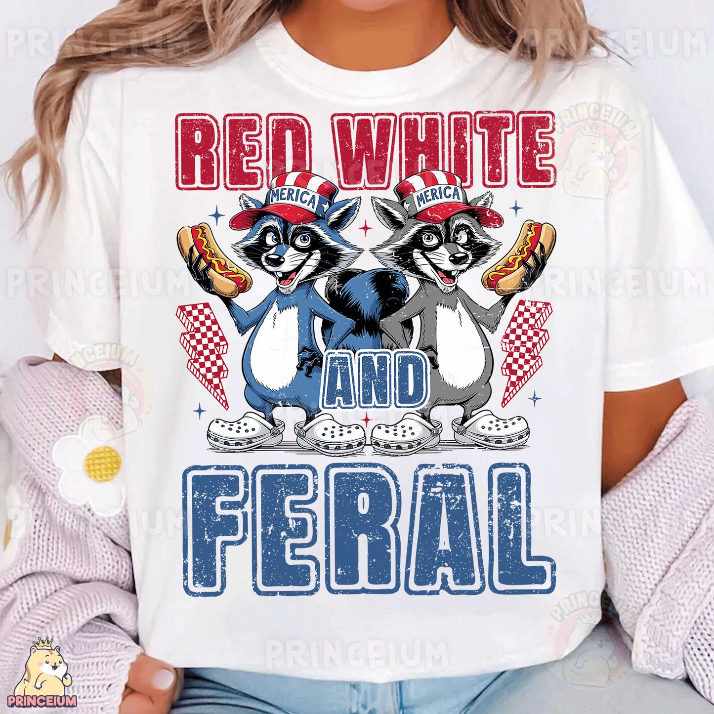 a woman wearing a red white and blue shirt