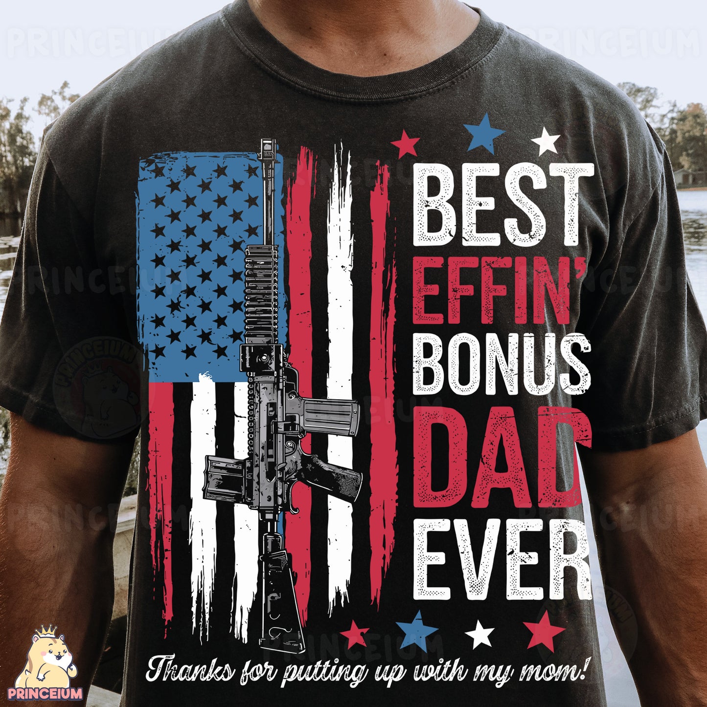 a man wearing a t - shirt with a gun on it